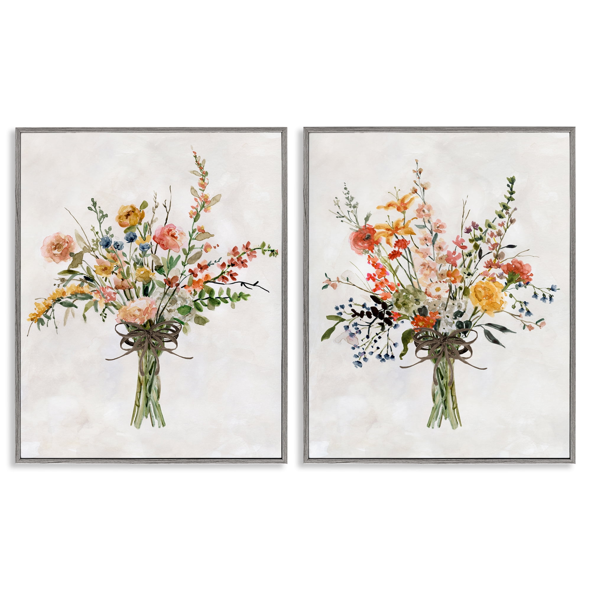 Stupell Industries Fresh Cut Tied Floral Bouquet Plants & Flowers Painting Gray Framed Art Print Wall Art, 11 x 14, Set of 2