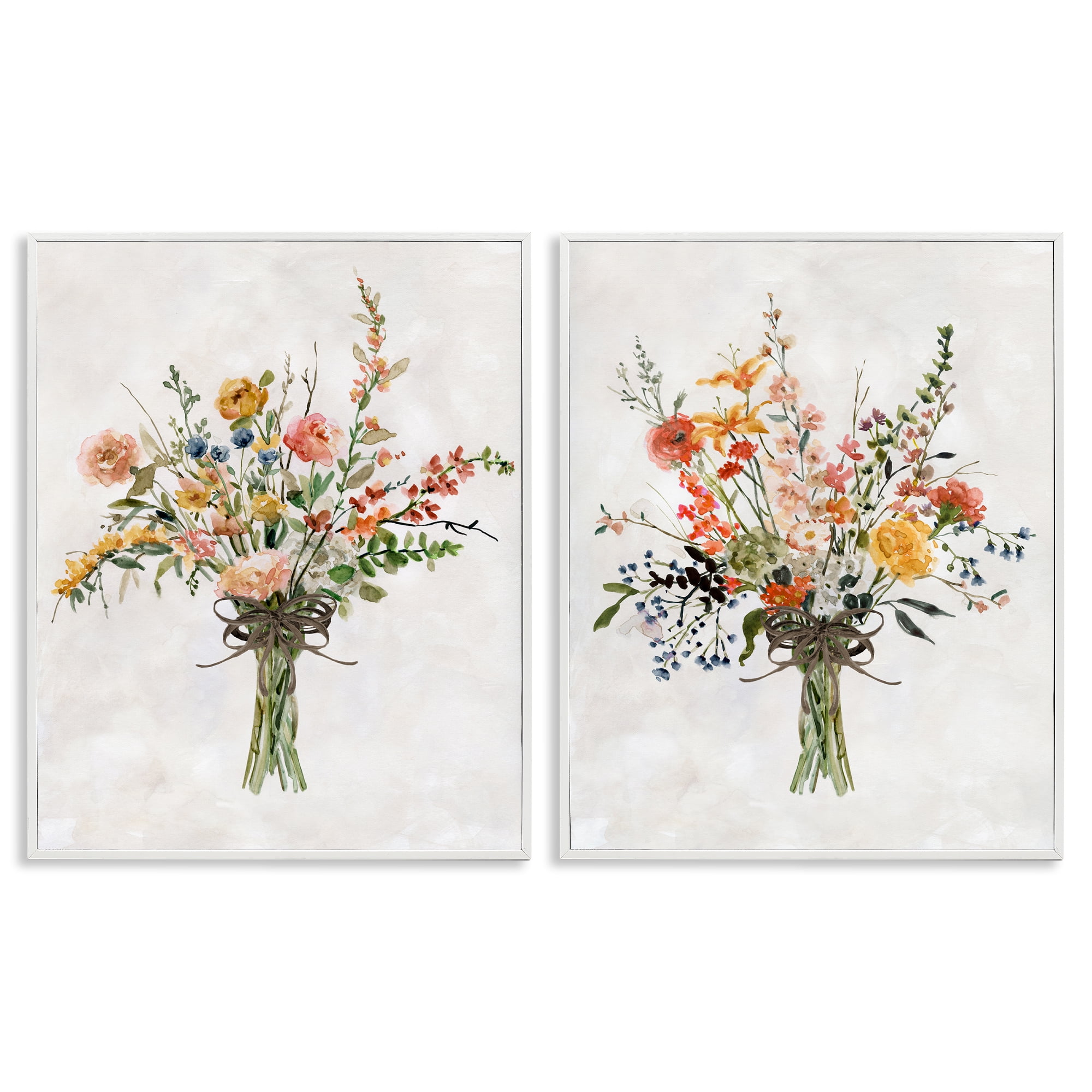 Stupell Industries Fresh Cut Tied Floral Bouquet Plants & Flowers Painting White Framed Art Print Wall Art, 16 x 20, Set of 2