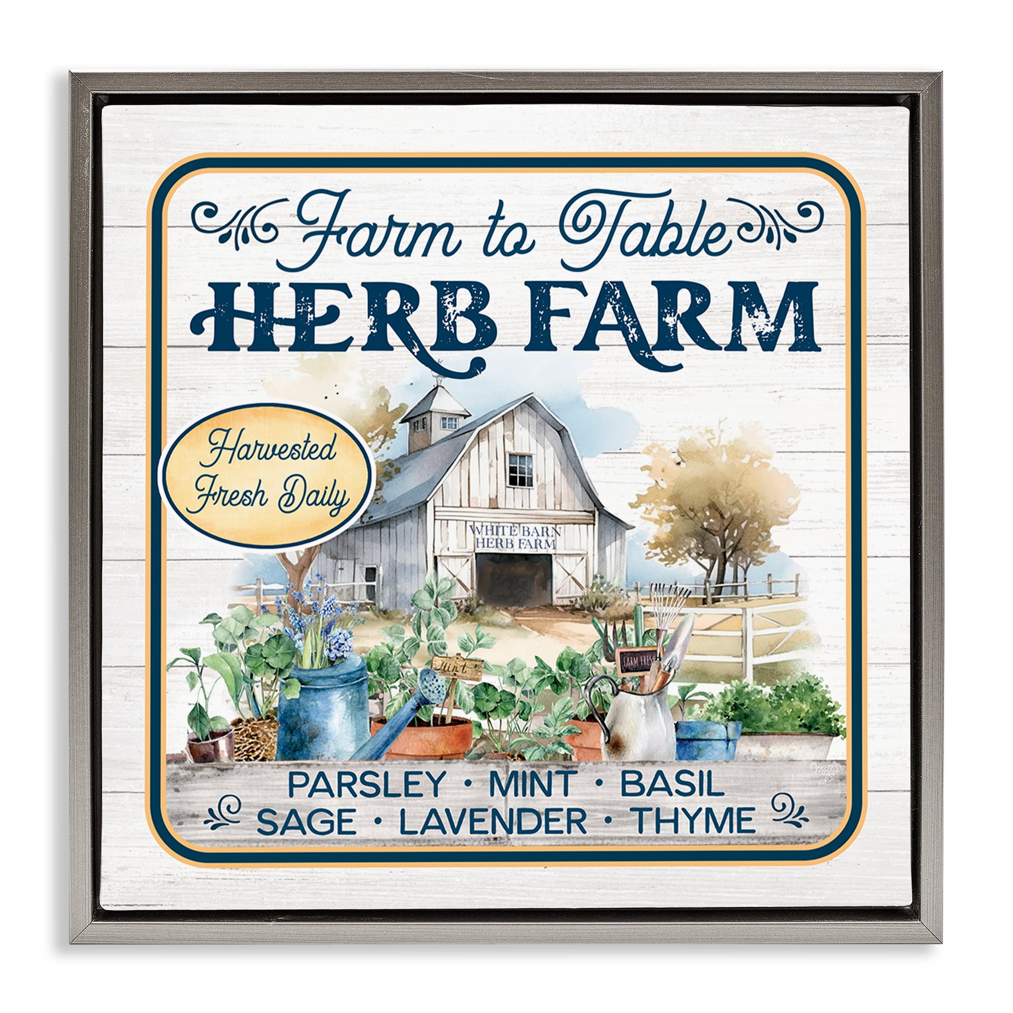 Stupell Industries Fresh Daily Herb Farm Text & Numbers Painting Gray Floater Framed Canvas Art Print Wall Art, 25 x 25