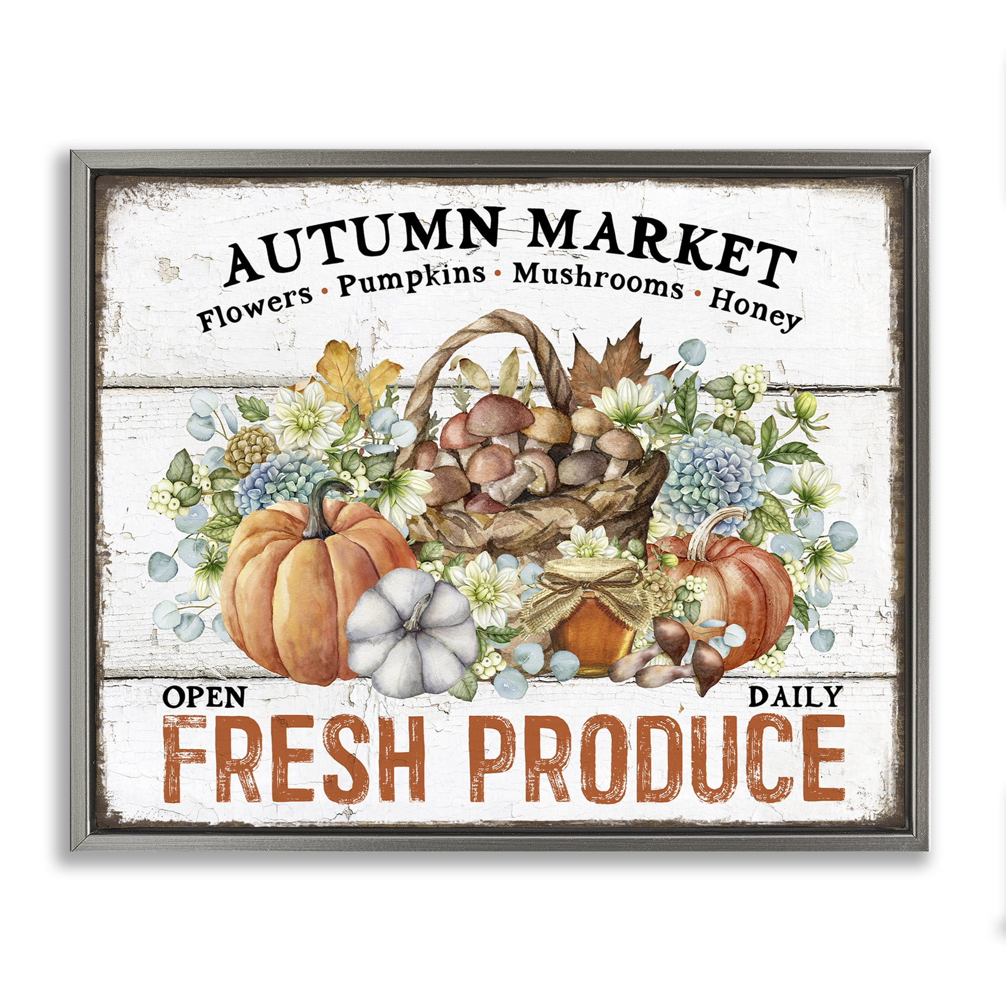 Stupell Industries Fresh Fall Produce Holiday Painting Gray Floater Framed Canvas Art Prints Wall Art, 21 x 17