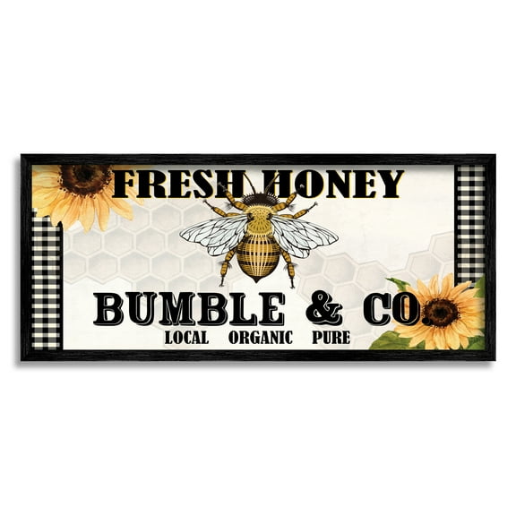 Stupell Industries Fresh Honey Bumble & Co. Advertisement Sunflowers Bee Graphic Art Black Framed Art Print Wall Art, 30x13, by Kim Allen