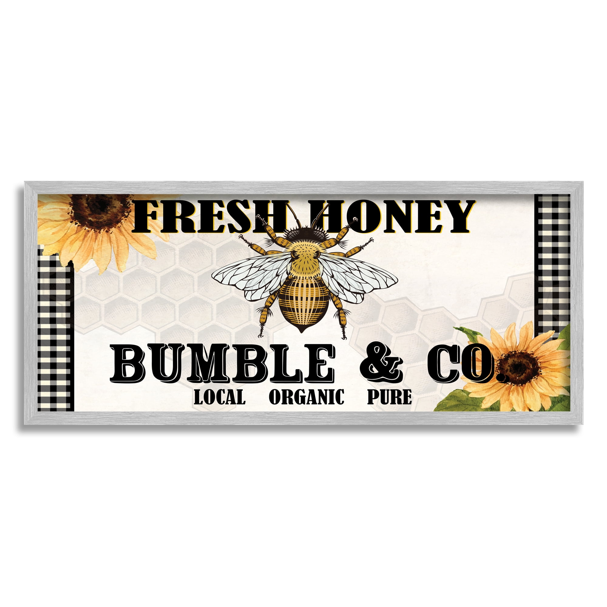 Stupell Industries Fresh Honey Bumble & Co. Advertisement Sunflowers Bee Graphic Art Gray Framed Art Print Wall Art, 24x10, by Kim Allen