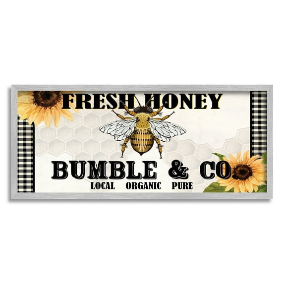 Stupell Industries Fresh Honey Bumble & Co. Advertisement Sunflowers Bee Graphic Art Gray Framed Art Print Wall Art, 30x13, by Kim Allen