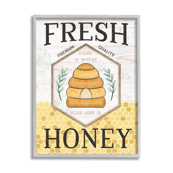 Stupell Industries Fresh Honey Rustic Bee Hive Typography Sign Graphic Art Gray Framed Art Print Wall Art, Design by Jennifer Pugh