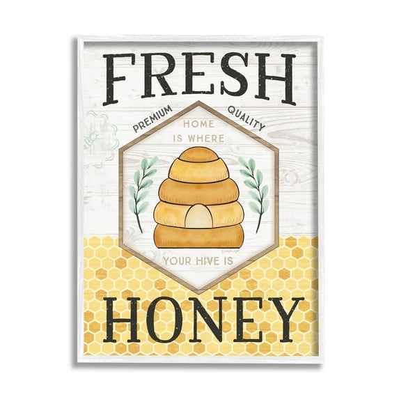 Stupell Industries Fresh Honey Rustic Bee Hive Typography Sign Graphic Art White Framed Art Print Wall Art, Design by Jennifer Pugh