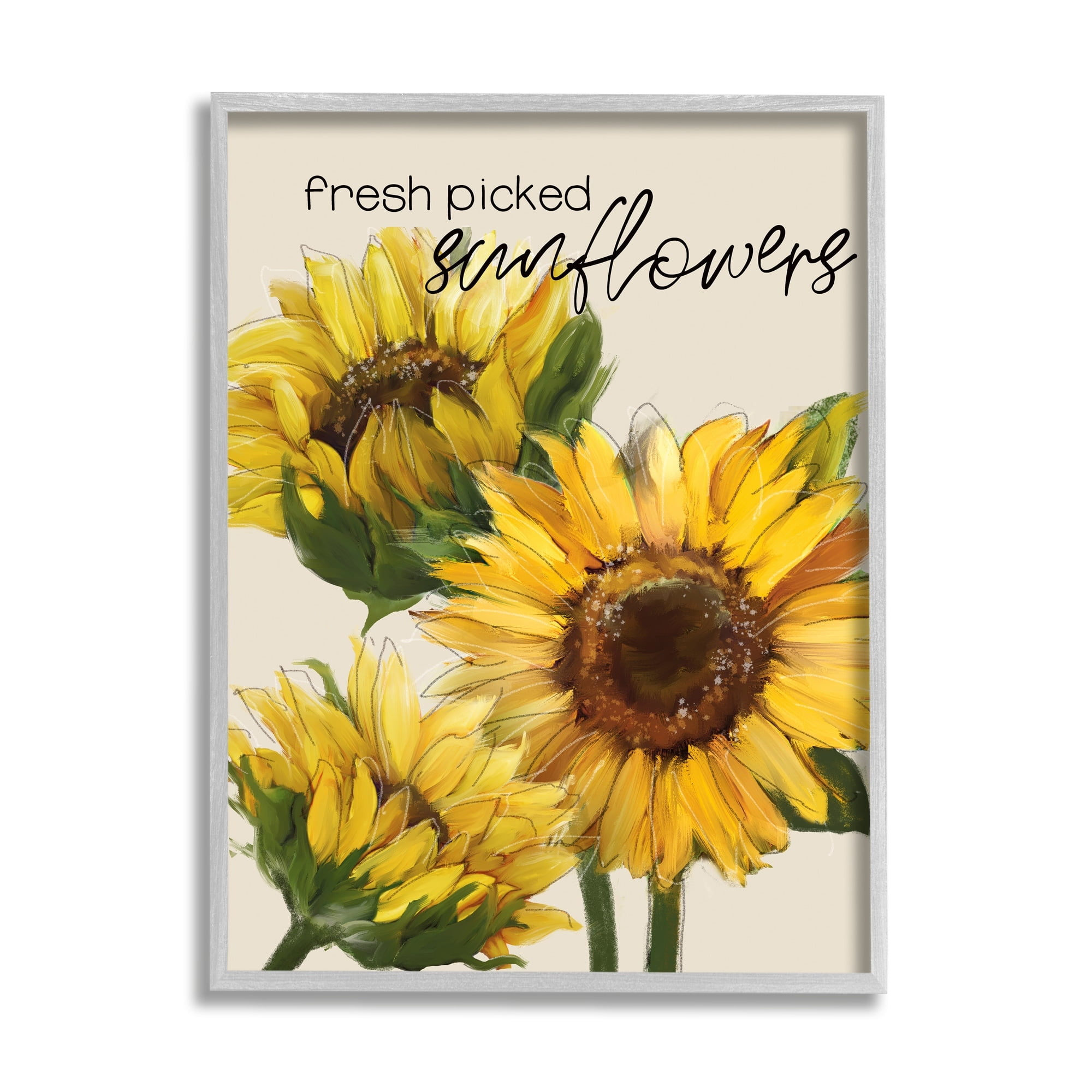 Stupell Industries Fresh Picked Sunflowers Calligraphy Vivid Yellow Blossoms Graphic Art Gray Framed Art Print Wall Art, Design by Conrad Knutsen