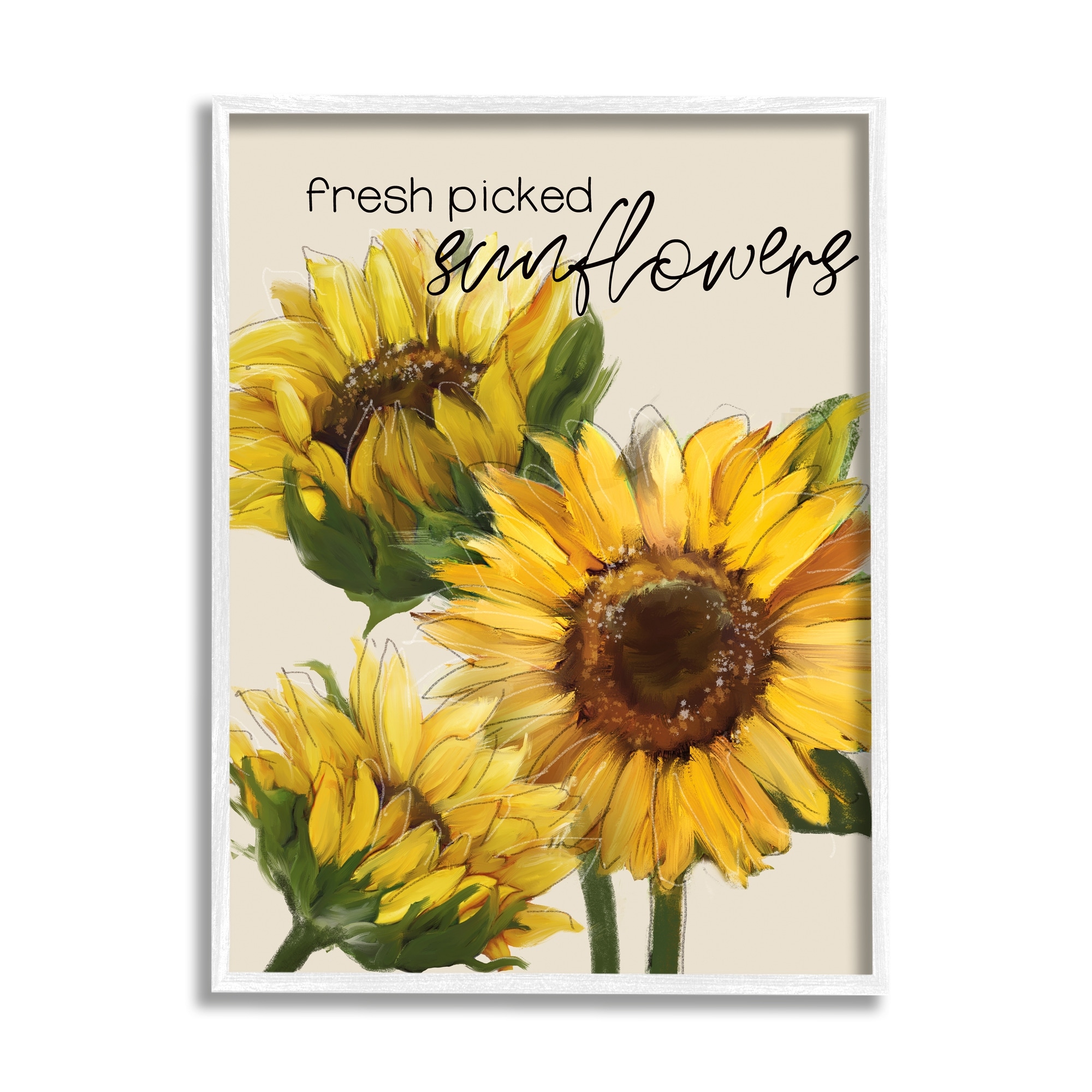 Stupell Industries Fresh Picked Sunflowers Calligraphy Vivid Yellow Blossoms Graphic Art White Framed Art Print Wall Art, Design by Conrad Knutsen