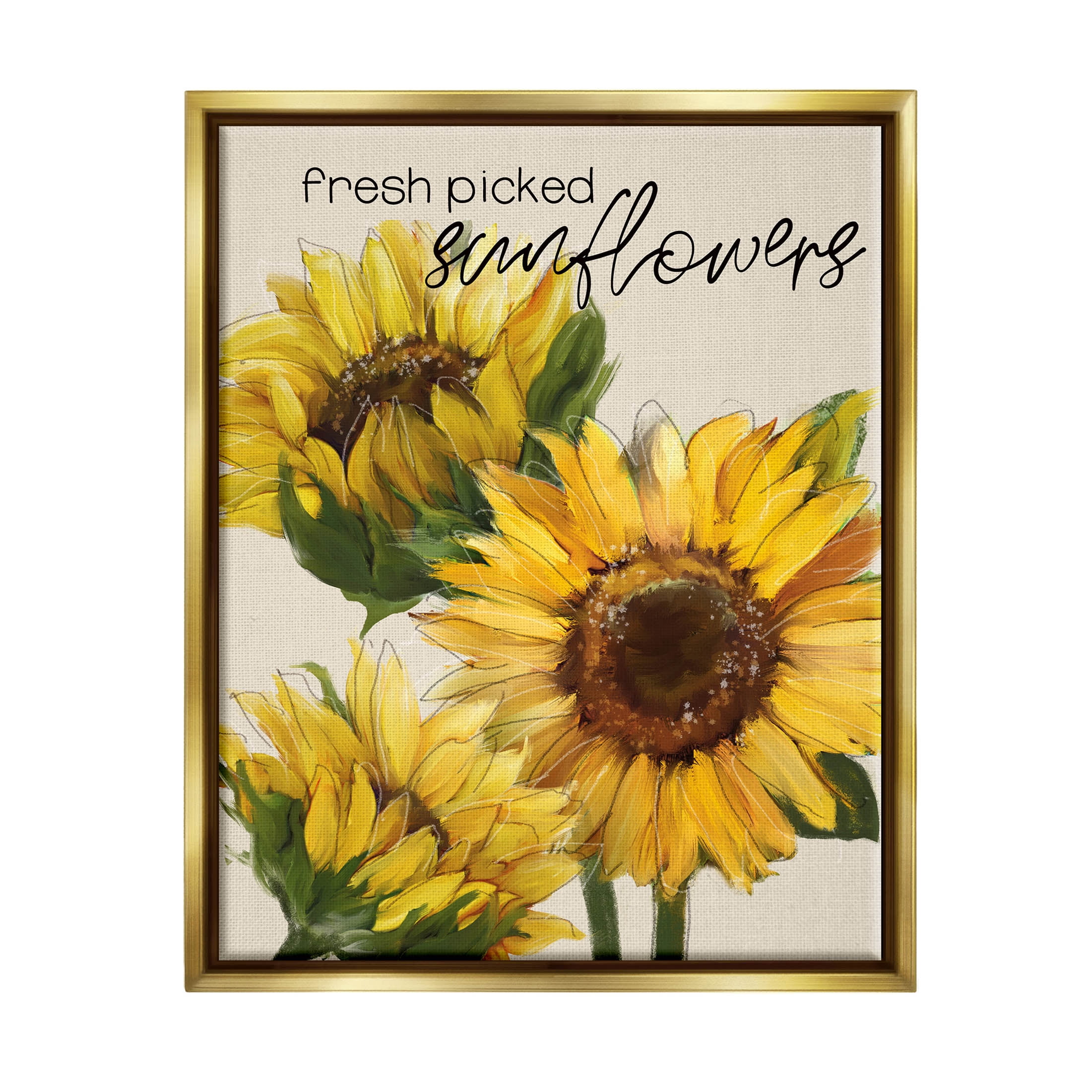 Stupell Industries Fresh Picked Sunflowers Typography Graphic Art Metallic Gold Floating Framed Canvas Print Wall Art, Design by Conrad Knutsen