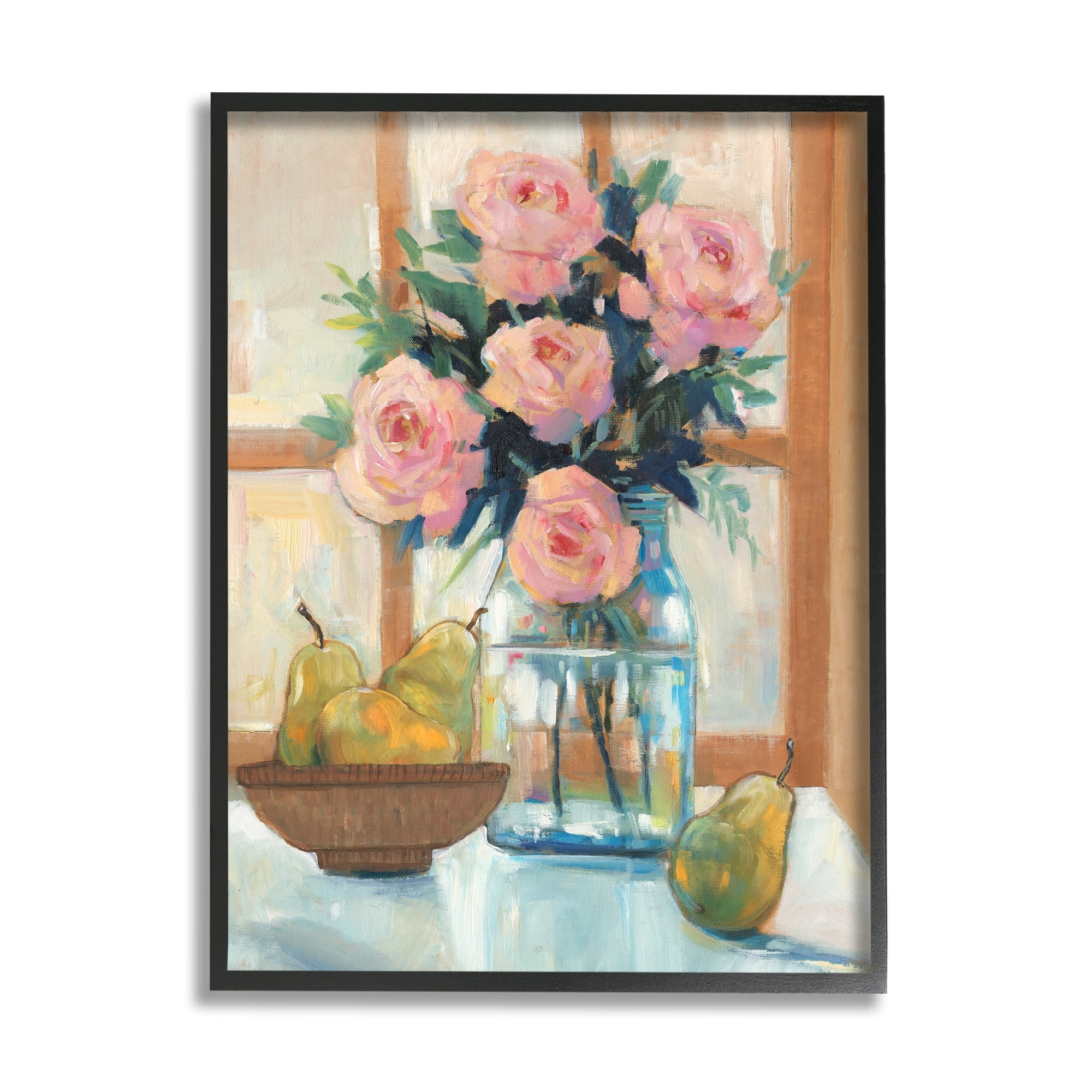 Stupell Industries Fresh Pink Roses & Fruit Kitchen Window Scene Painting Black Framed Art Print Wall Art, Design by Tim OToole