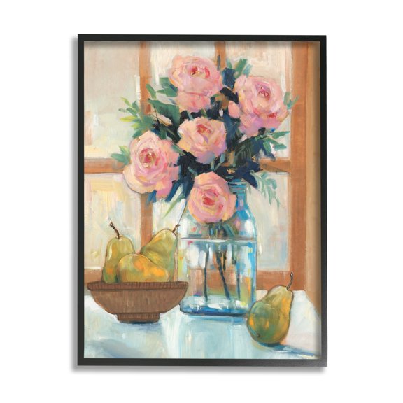 Stupell Industries Fresh Pink Roses & Fruit Kitchen Window Scene Painting Black Framed Art Print Wall Art, Design by Tim OToole