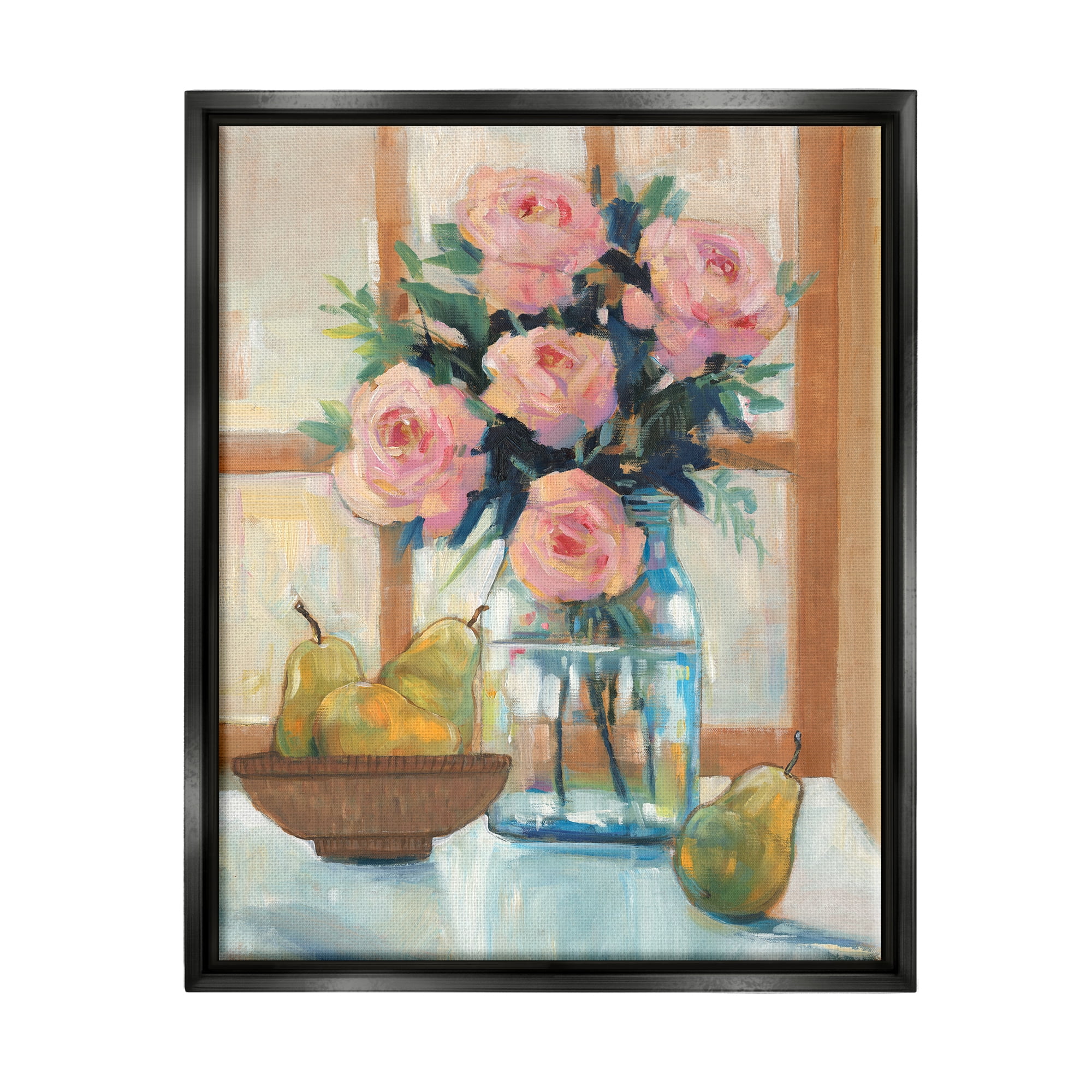Stupell Industries Fresh Pink Roses & Fruit Kitchen Window Scene Painting Jet Black Floating Framed Canvas Print Wall Art, Design by Tim OToole