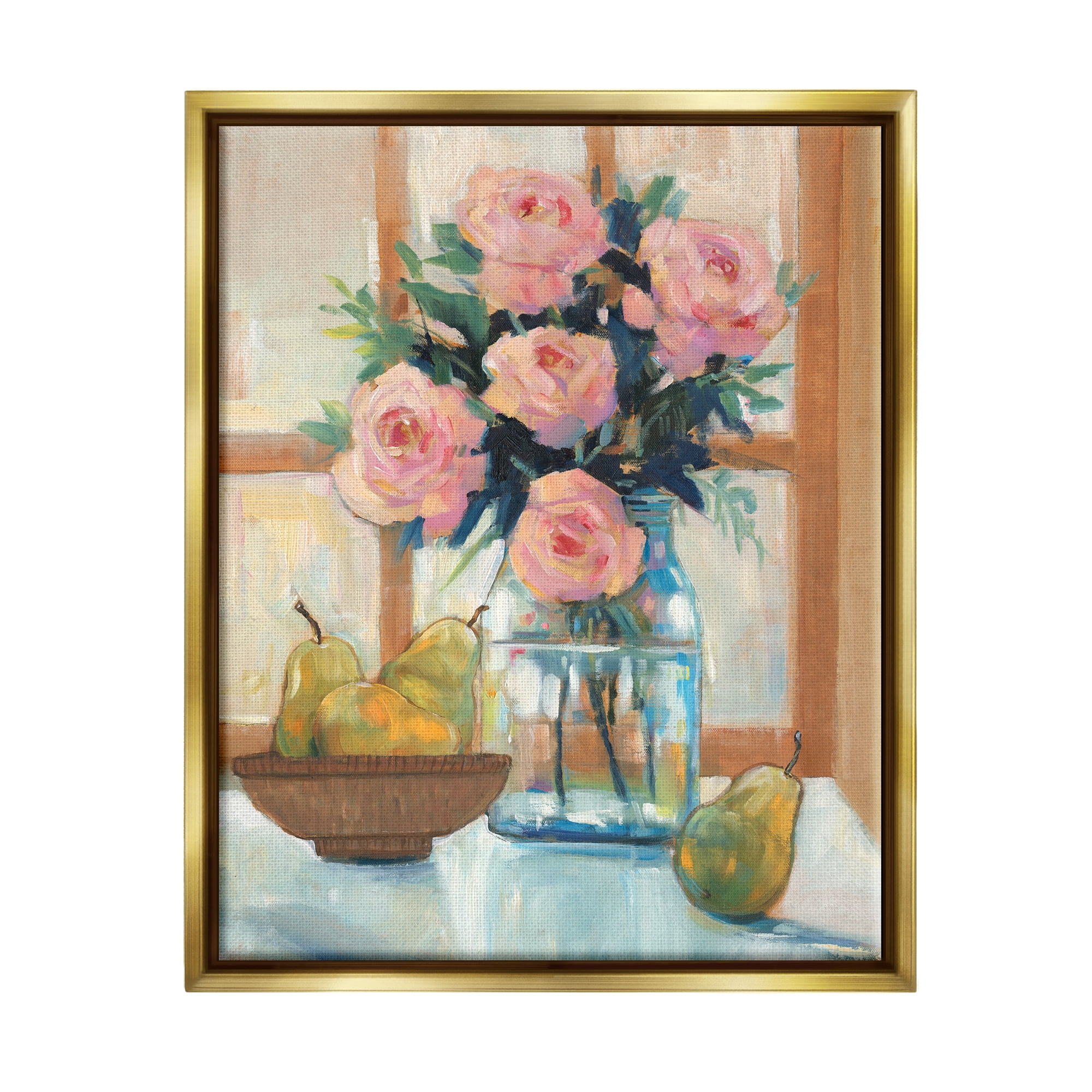 Stupell Industries Fresh Pink Roses & Fruit Kitchen Window Scene Painting Metallic Gold Floating Framed Canvas Print Wall Art, Design by Tim OToole