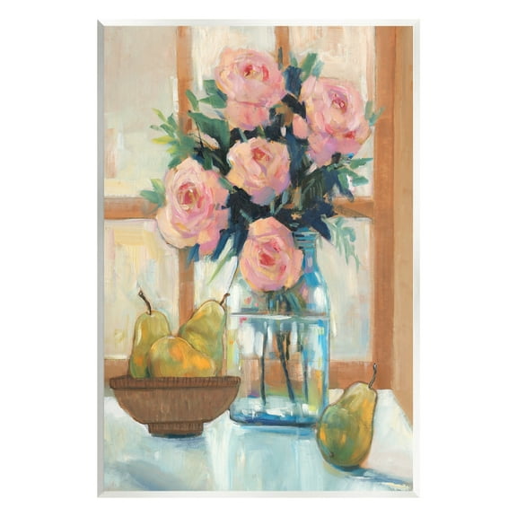 Stupell Industries Fresh Pink Roses & Fruit Kitchen Window Scene Painting Unframed Art Print Wall Art, Design by Tim OToole