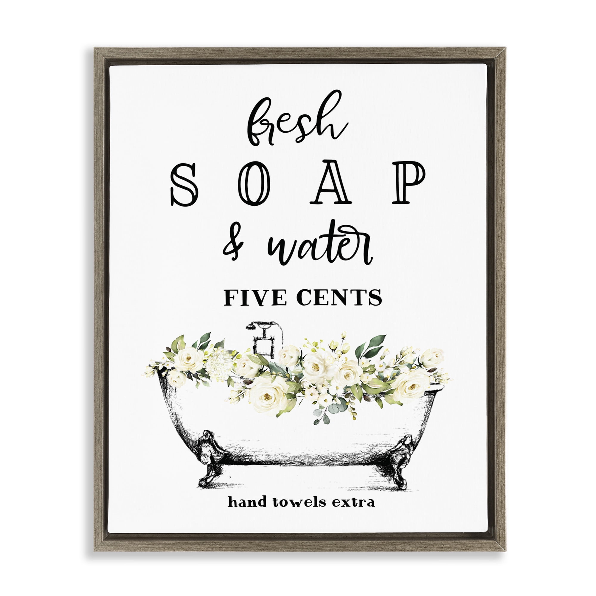 Stupell Industries Fresh Soap & Water Bath Tub Botanical & Floral Painting Brown Floater Framed Canvas Art Print Wall Art, 17 x 21