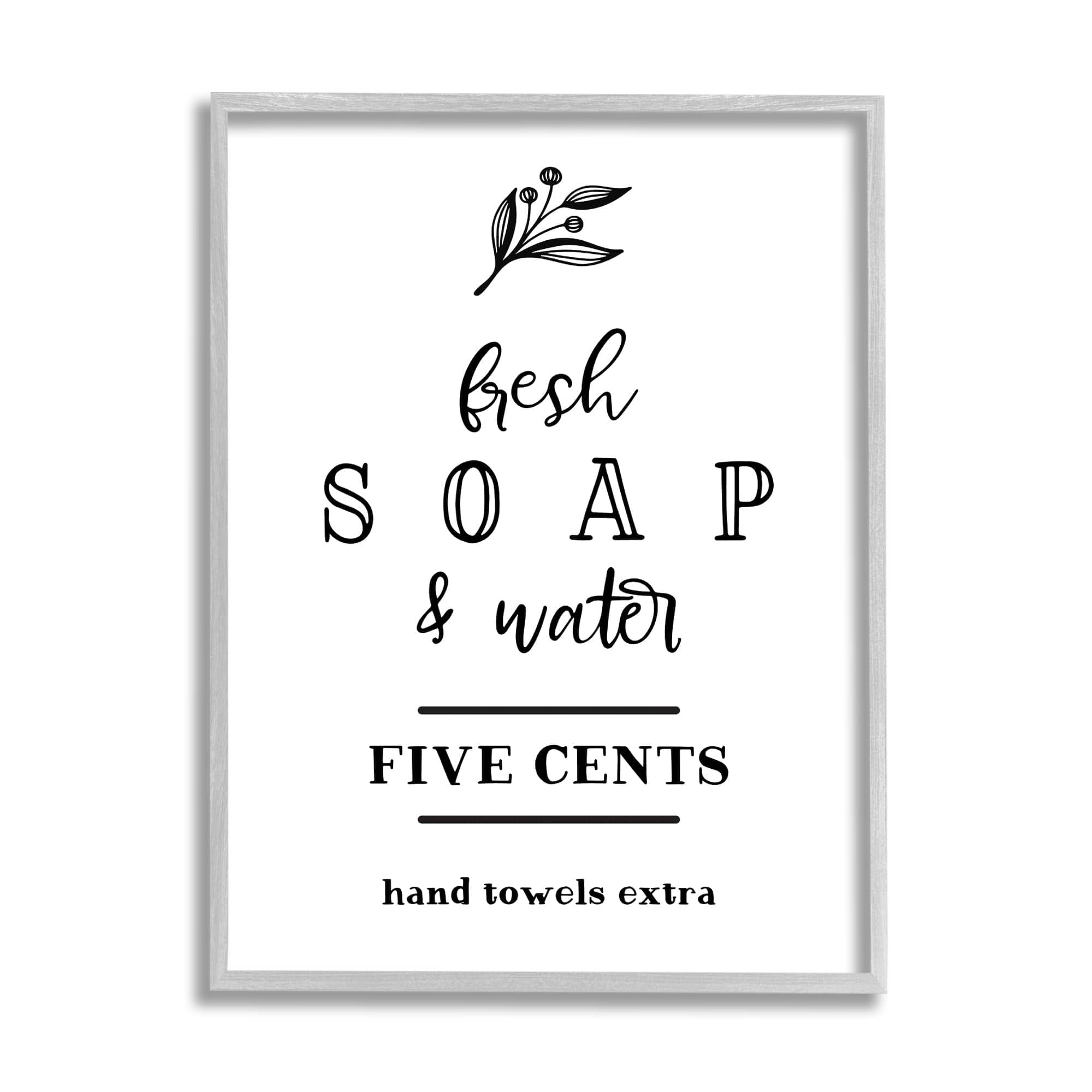Stupell Industries Fresh Soap & Water Bathroom Washing Botanical Symbol Graphic Art Gray Framed Art Print Wall Art, Design by Lettered and Lined