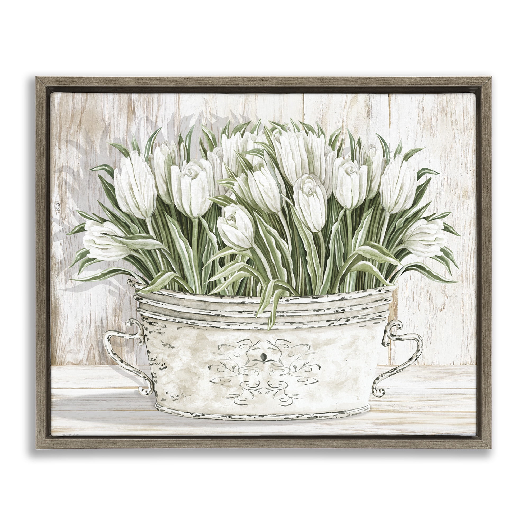 Stupell Industries Fresh White Tulip Flowers Vintage Botanical & Floral Painting Brown Floater Framed Canvas Art Print Wall Art, 31 x 25