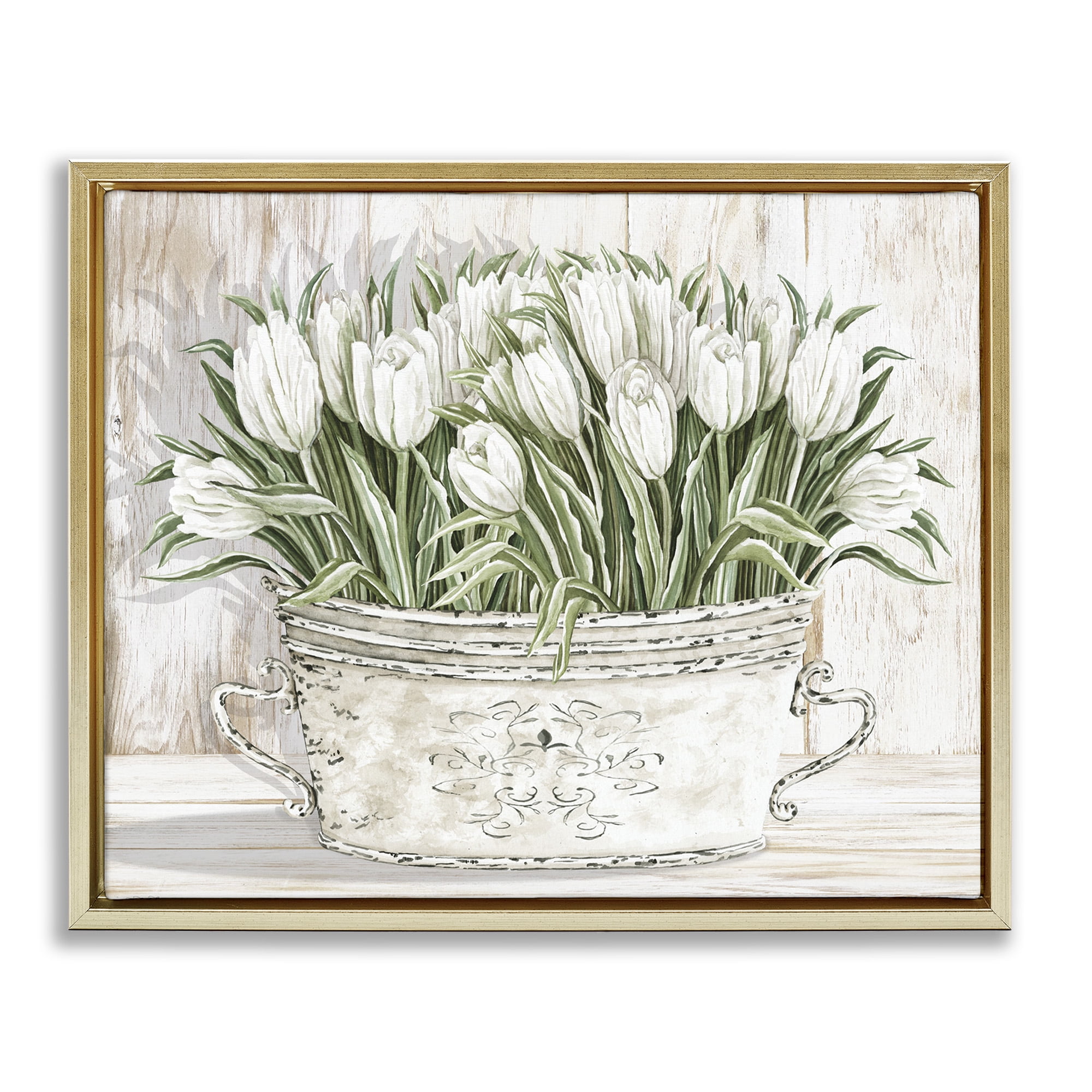 Stupell Industries Fresh White Tulip Flowers Vintage Botanical & Floral Painting Gold Floater Framed Canvas Art Print Wall Art, 31 x 25