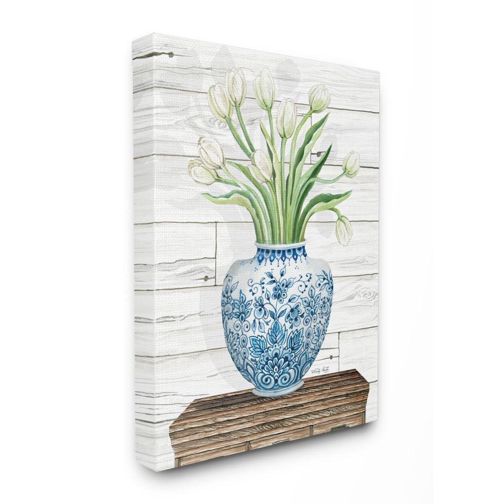 Stupell Industries Fresh White Tulips on Blue Floral Vase Design Canvas Wall Art Design by Cindy Jacobs