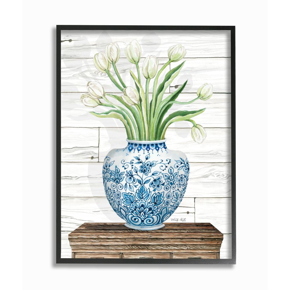 Stupell Industries Fresh White Tulips on Blue Floral Vase Design Framed Wall Art Design by Cindy Jacobs, 11" x 14", Black Framed