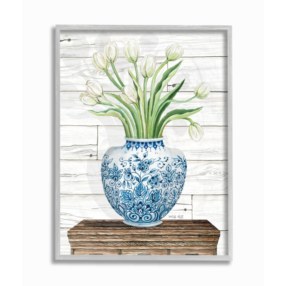Stupell Industries Fresh White Tulips on Blue Floral Vase Design Framed Wall Art Design by Cindy Jacobs, 11" x 14", Gray Framed
