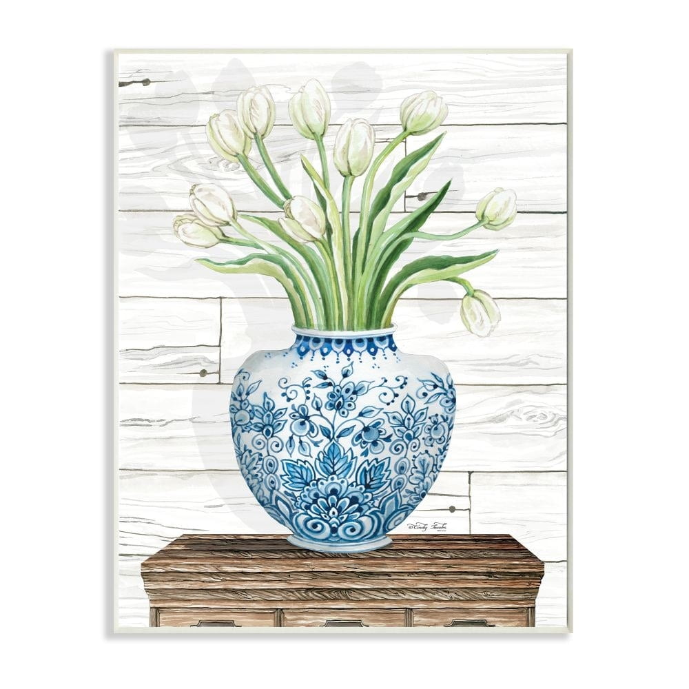Stupell Industries Fresh White Tulips on Blue Floral Vase Design Wall Plaque Design by Cindy Jacobs