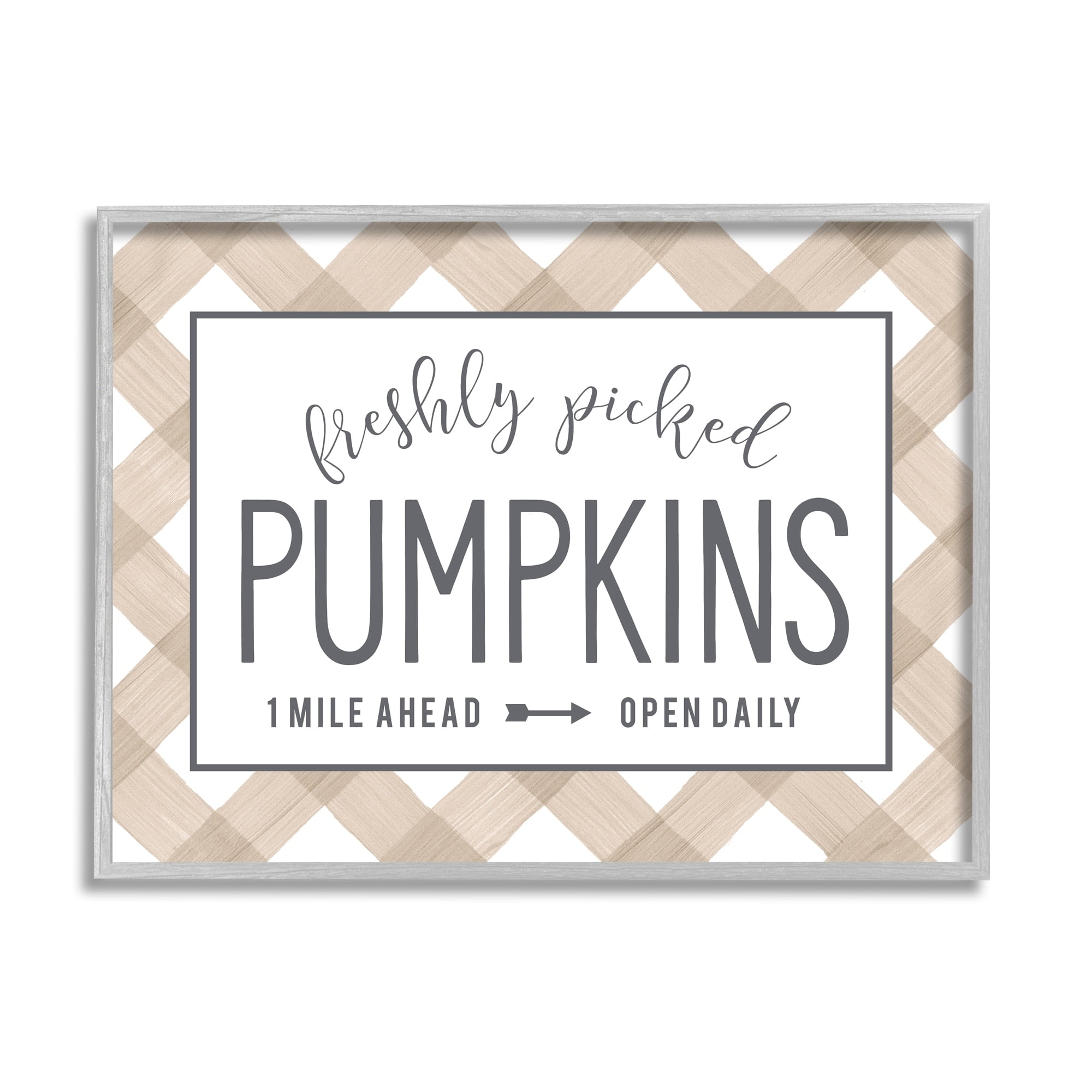 Stupell Industries Freshly Picked Pumpkins Country Farm Plaid Sign Graphic Art Gray Framed Art Print Wall Art, Design by Lettered and Lined