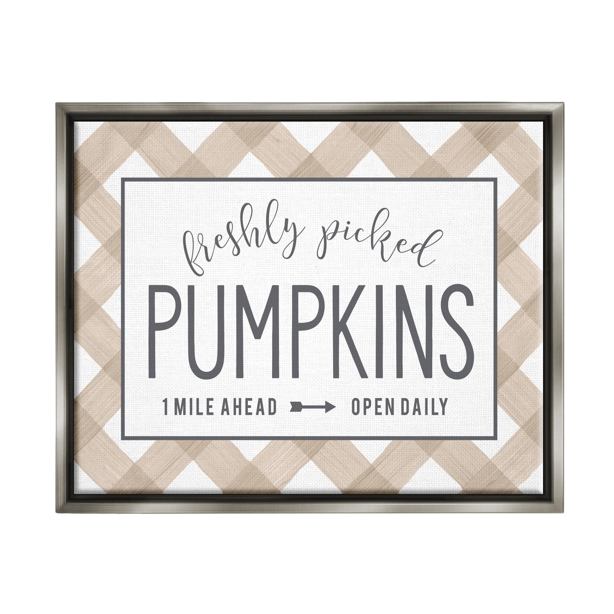 Stupell Industries Freshly Picked Pumpkins Country Farm Plaid Sign Graphic Art Luster Gray Floating Framed Canvas Print Wall Art, Design by Lettered and Lined