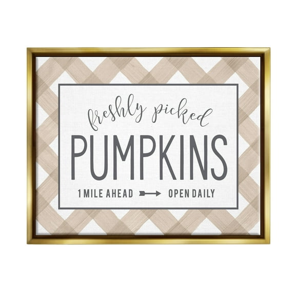 Stupell Industries Freshly Picked Pumpkins Country Farm Plaid Sign Graphic Art Metallic Gold Floating Framed Canvas Print Wall Art, Design by Lettered and Lined