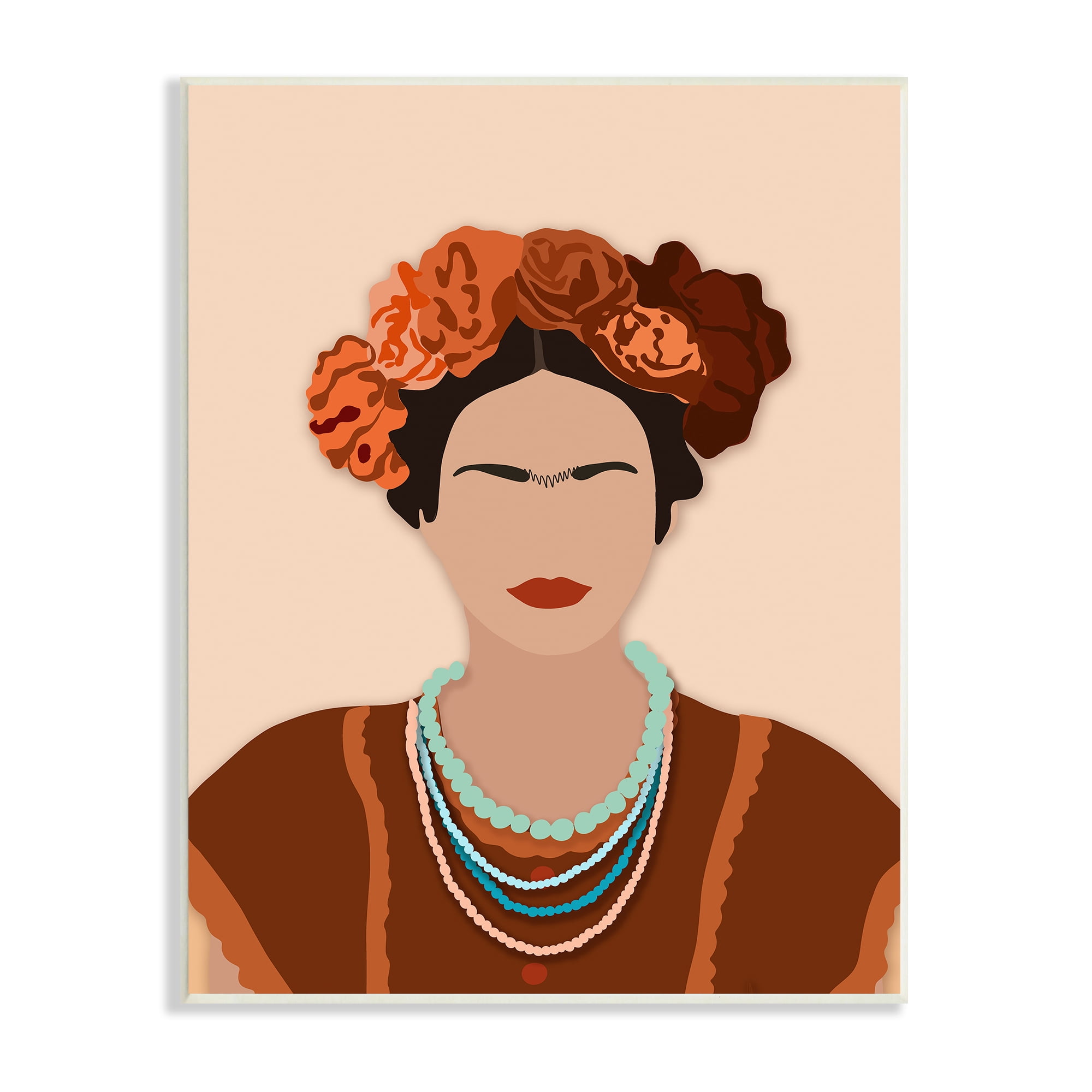 Stupell Industries Frida Artist Portrait Orange Floral Blue Bead Necklace, 10 x 15, Designed by Ros Ruseva