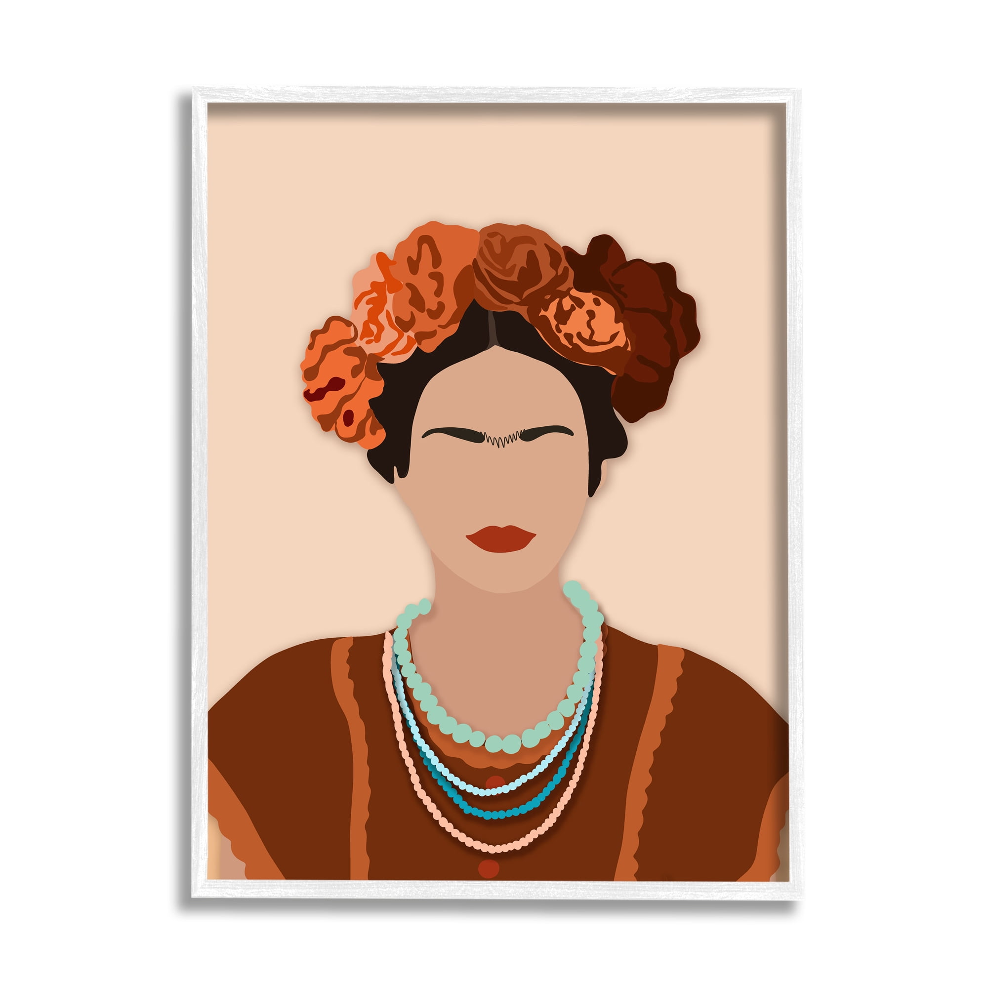 Stupell Industries Frida Artist Portrait Orange Floral Blue Bead Necklace, 11 x 14, Designed by Ros Ruseva