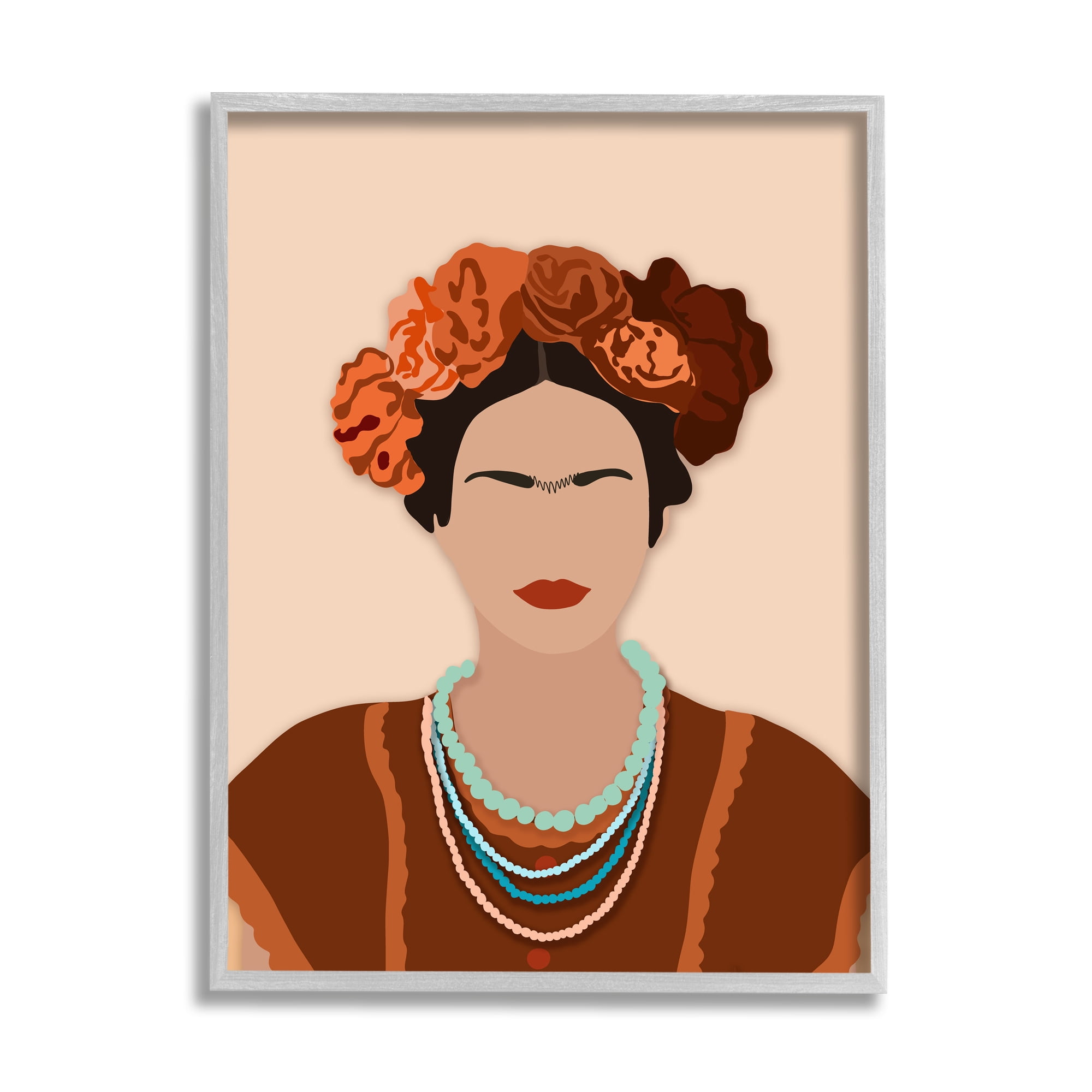Stupell Industries Frida Artist Portrait Orange Floral Blue Bead Necklace, 16 x 20, Designed by Ros Ruseva