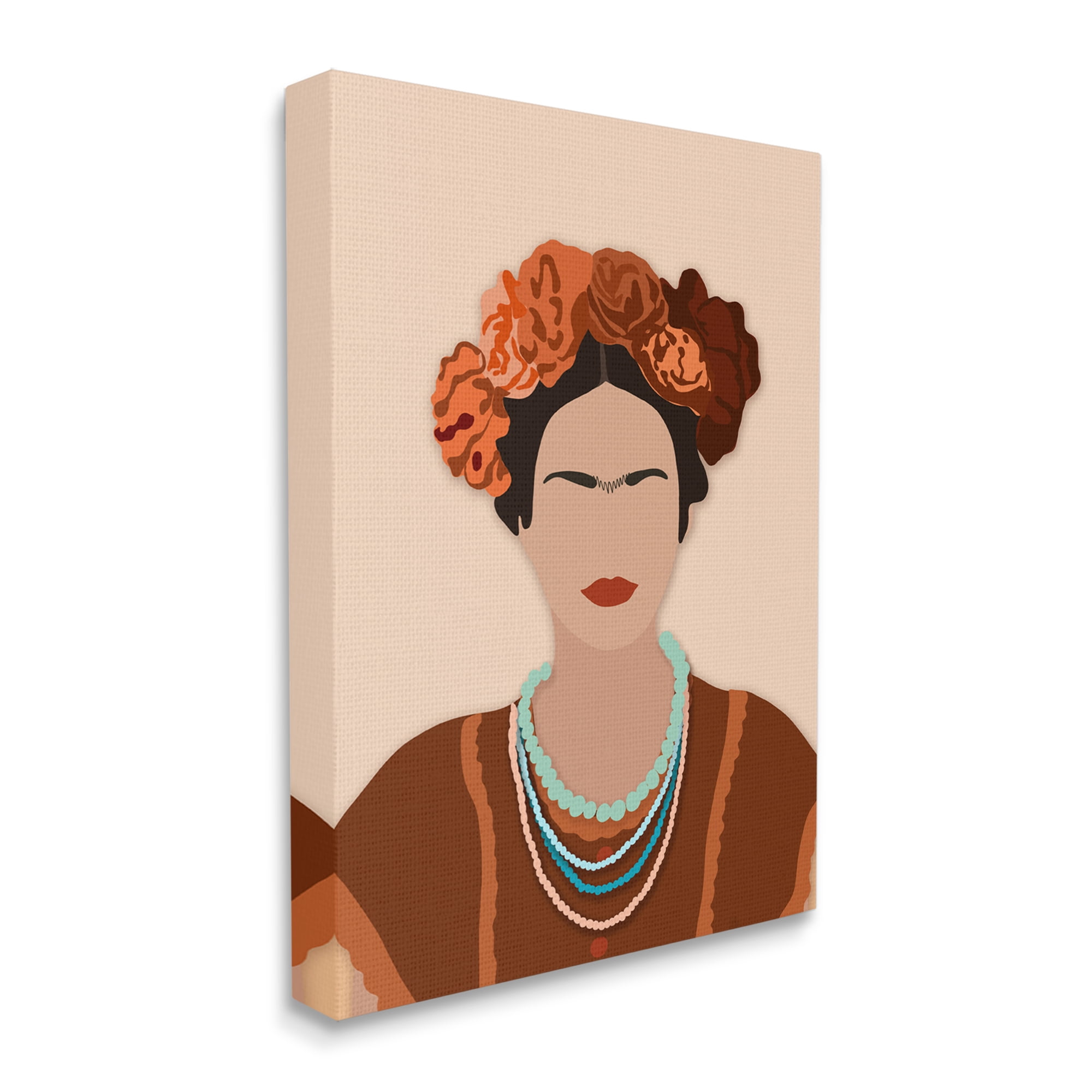 Stupell Industries Frida Artist Portrait Orange Floral Blue Bead Necklace, 36 x 48, Designed by Ros Ruseva