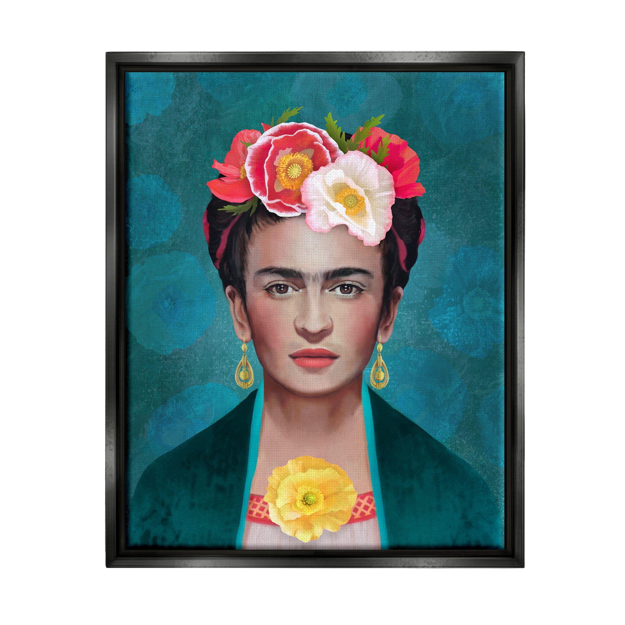 Stupell Industries Frida Kahlo Floral Portrait Botanical & Floral Painting Black Floater Framed Art Print Wall Art, 17 x 21