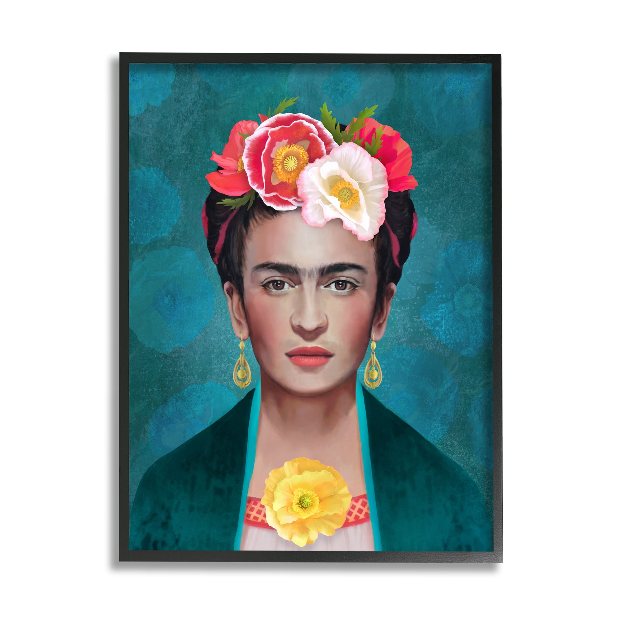 Stupell Industries Frida Kahlo Floral Portrait Botanical & Floral Painting Black Framed Art Print Wall Art, 11 x 14