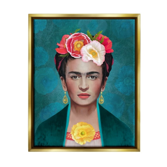 Stupell Industries Frida Kahlo Floral Portrait Botanical & Floral Painting Gold Floater Framed Art Print Wall Art, 17 x 21