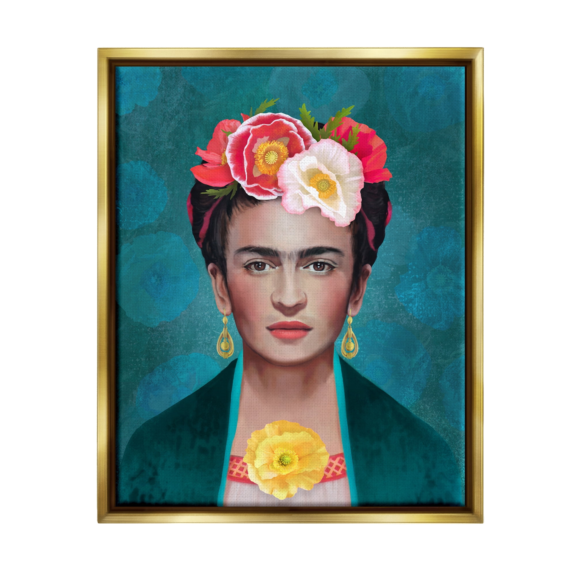 Stupell Industries Frida Kahlo Floral Portrait Botanical & Floral Painting Gold Floater Framed Art Print Wall Art, 25 x 31