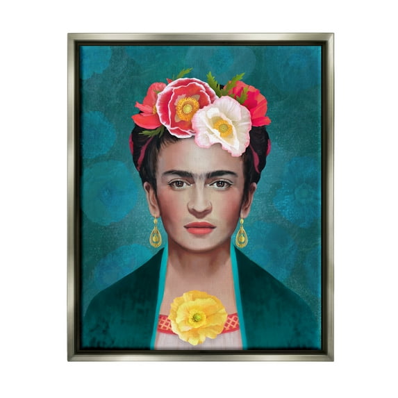 Stupell Industries Frida Kahlo Floral Portrait Botanical & Floral Painting Gray Floater Framed Art Print Wall Art, 25 x 31