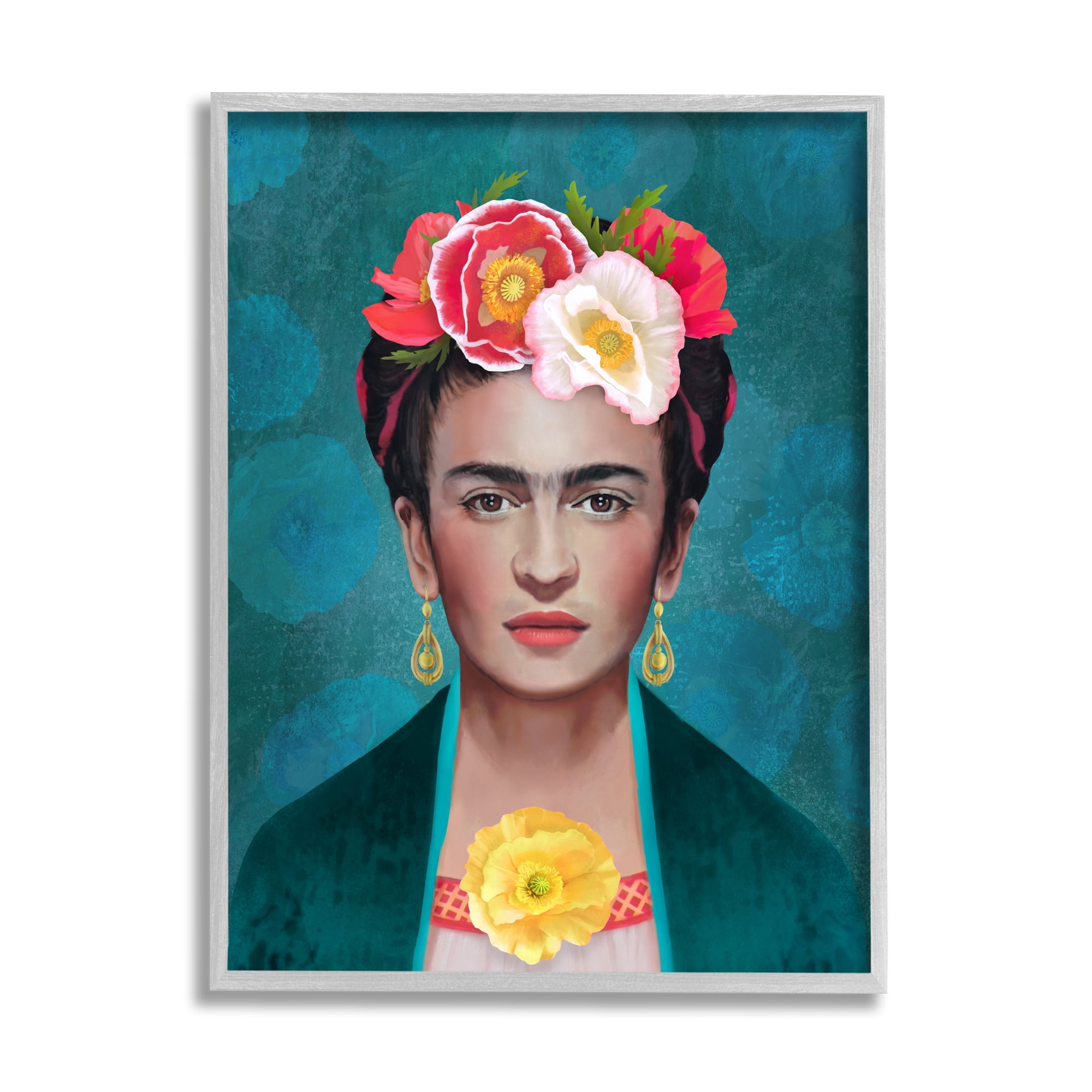 Stupell Industries Frida Kahlo Floral Portrait Botanical & Floral Painting Gray Framed Art Print Wall Art, 16 x 20