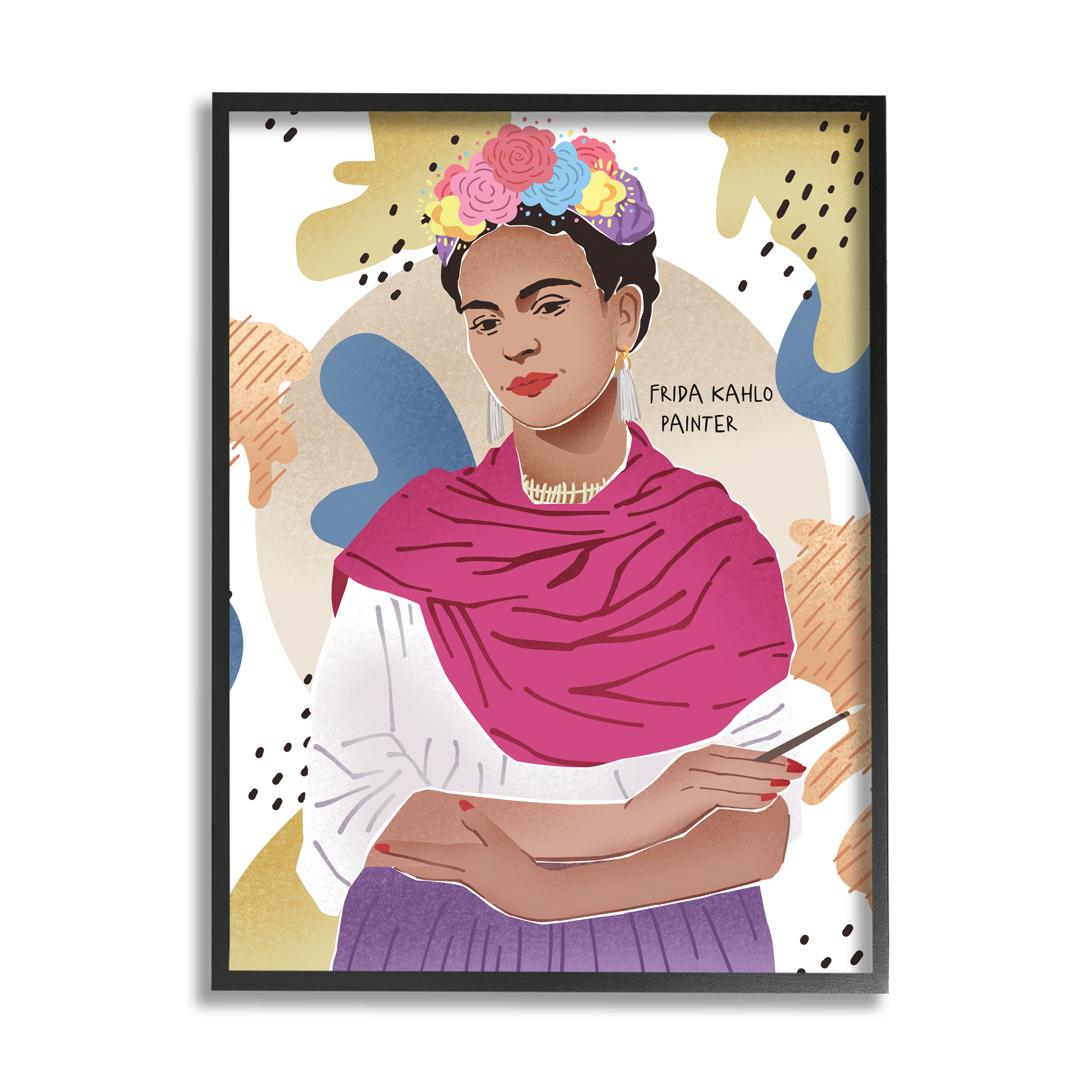 Stupell Industries Frida Posing with Paint Brush Abstract Round Pattern Novelty Painting Black Framed Art Print Wall Art, 24 x 30