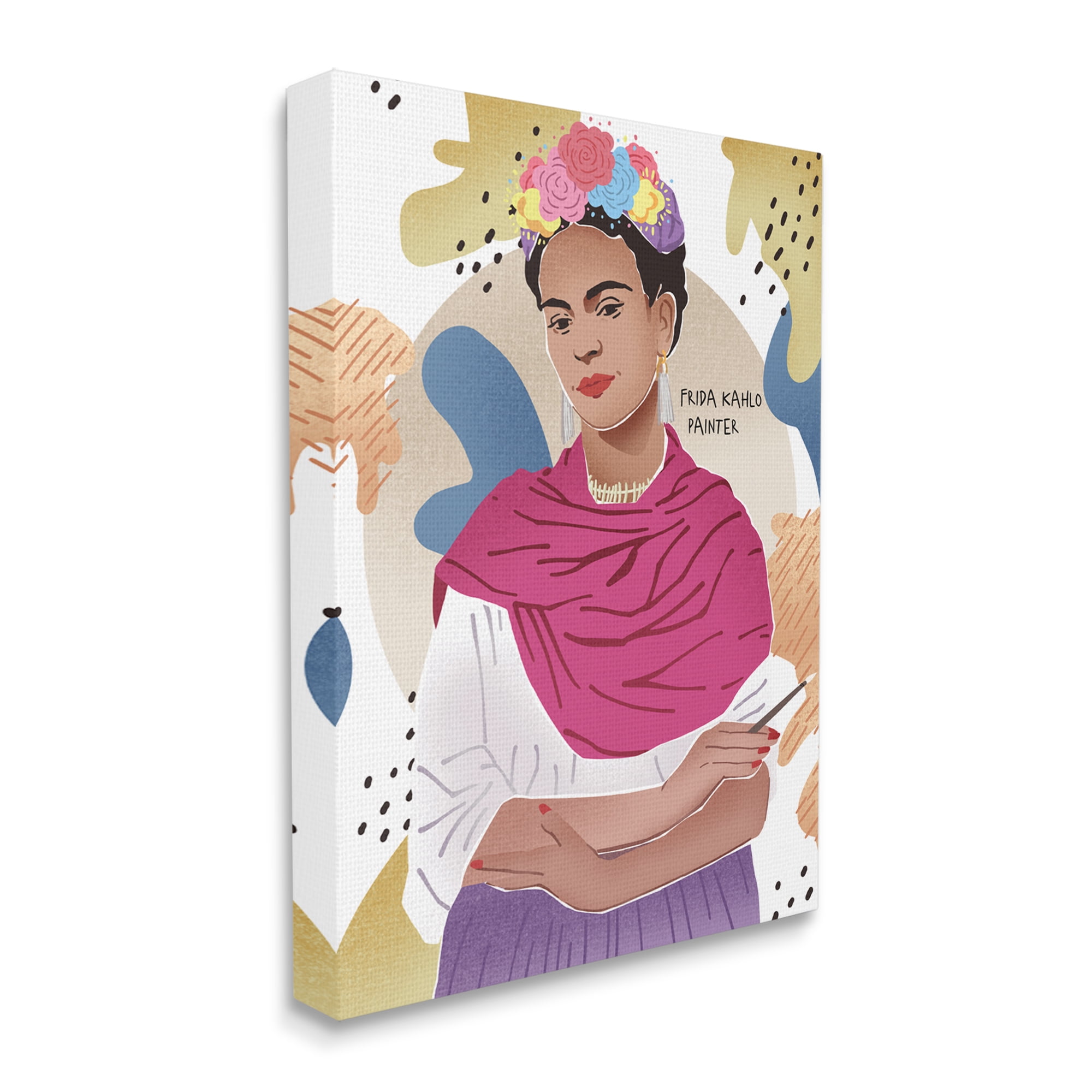 Stupell Industries Frida Posing with Paint Brush Abstract Round Pattern Novelty Painting Gallery Wrapped Canvas Art Print Wall Art, 24 x 30