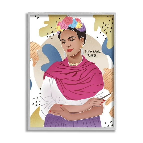 Stupell Industries Frida Posing with Paint Brush Abstract Round Pattern Novelty Painting Gray Framed Art Print Wall Art, 16 x 20