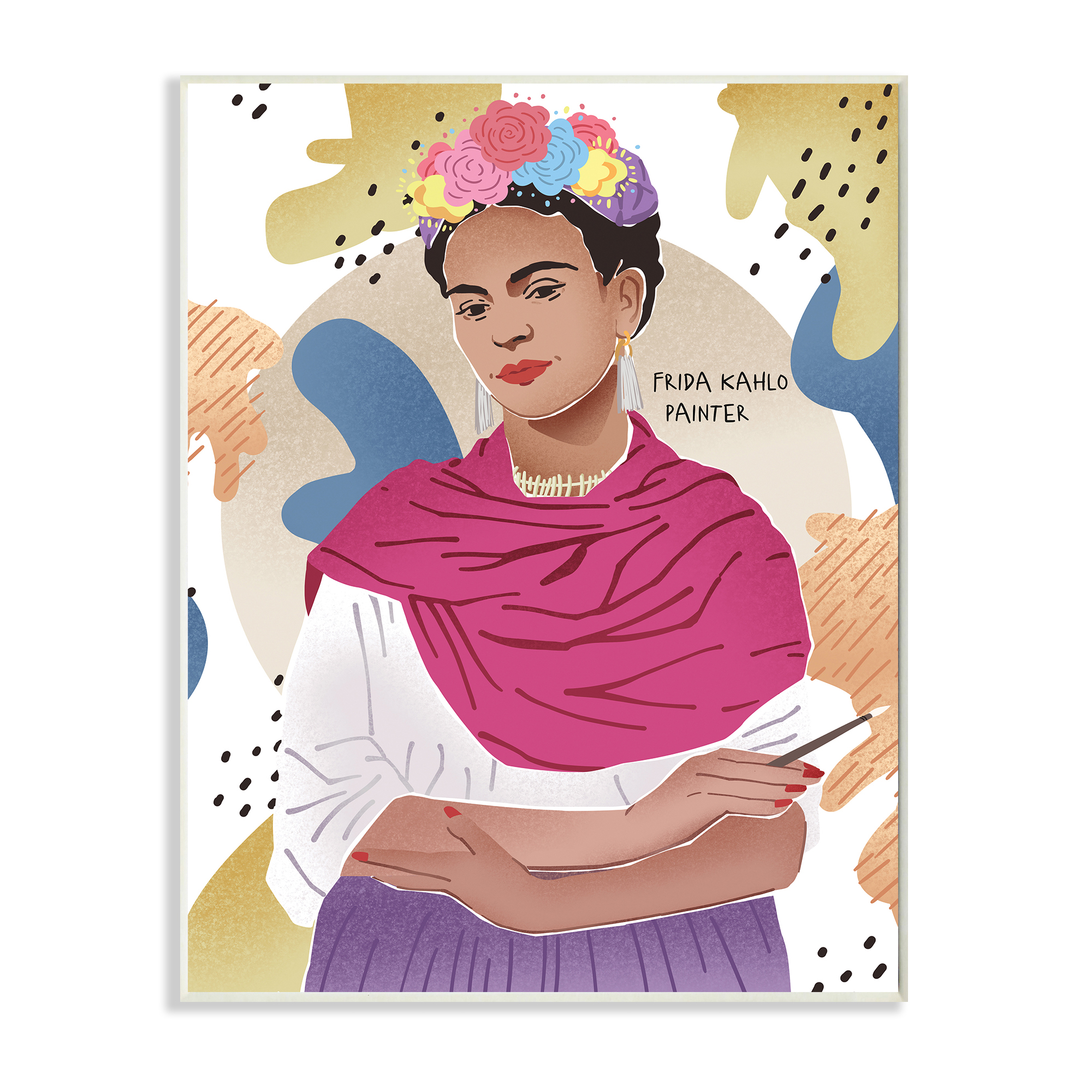 Stupell Industries Frida Posing with Paint Brush Abstract Round Pattern Novelty Painting Unframed Art Print Wall Art, 10 x 15