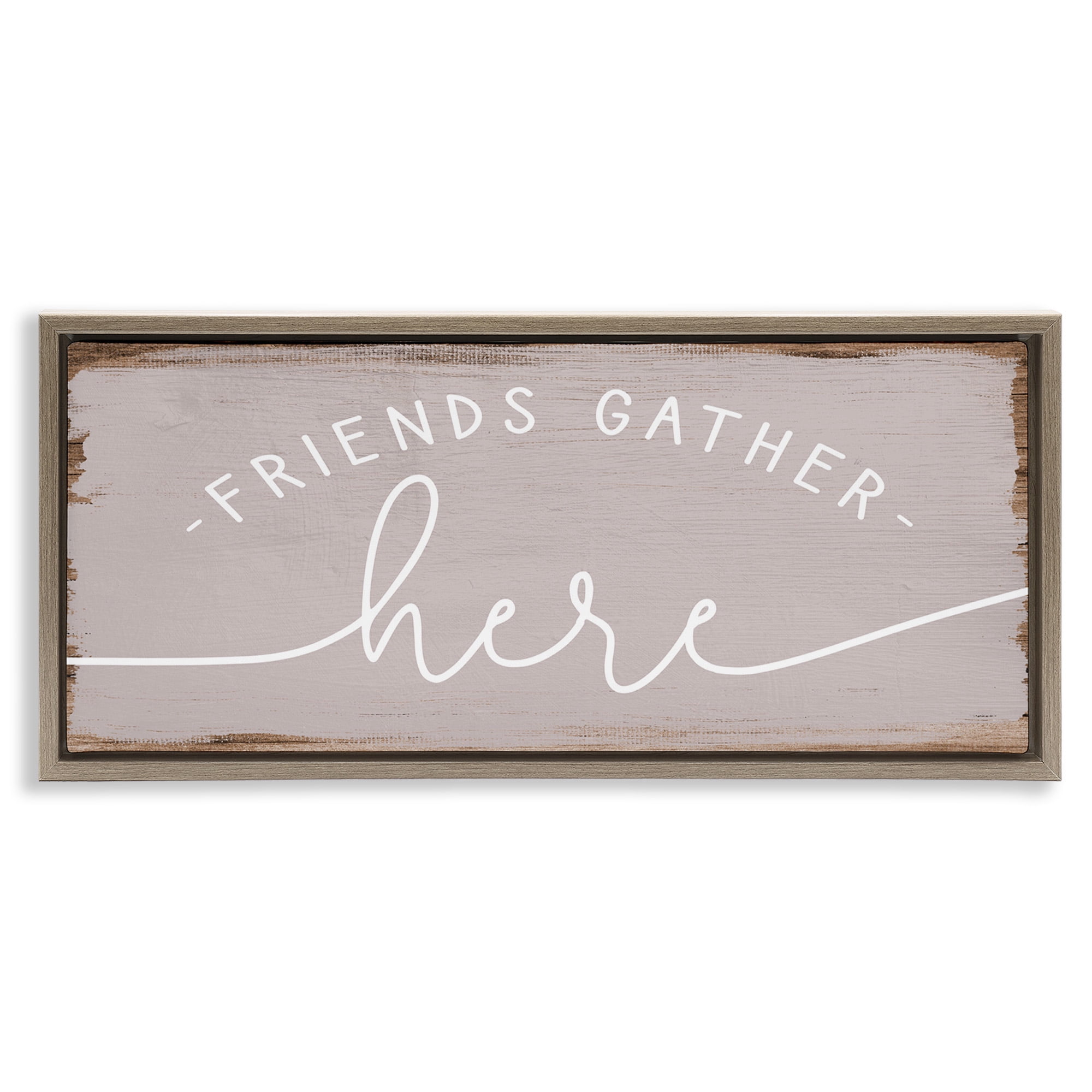 Stupell Industries Friends Gather Here Charming Typography Painting Brown Floater Framed Canvas Art Print Wall Art, 31 x 14