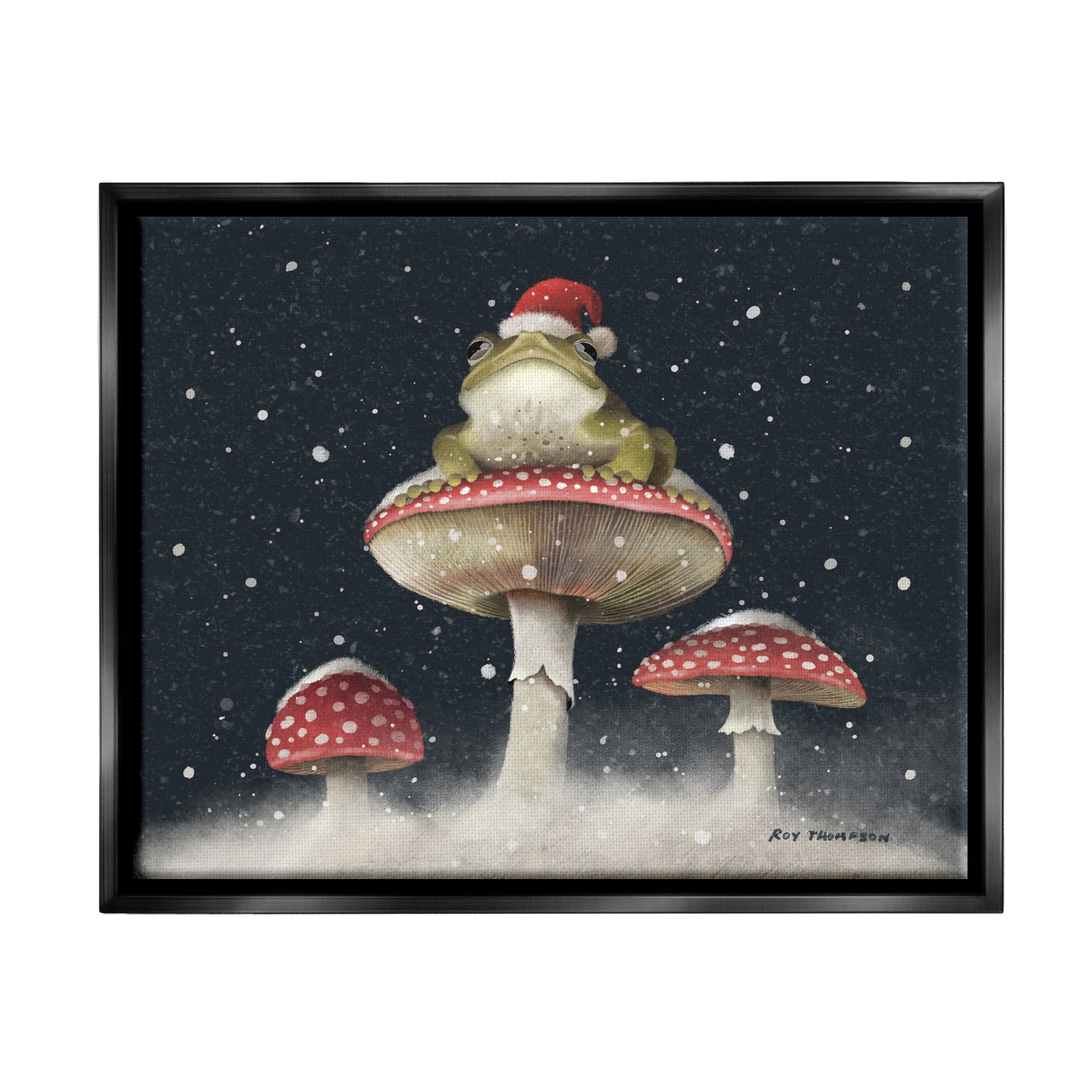 Stupell Industries Frog In Santa Hat Snowy Mushrooms Holiday Painting Black Floater Framed Art Print Wall Art