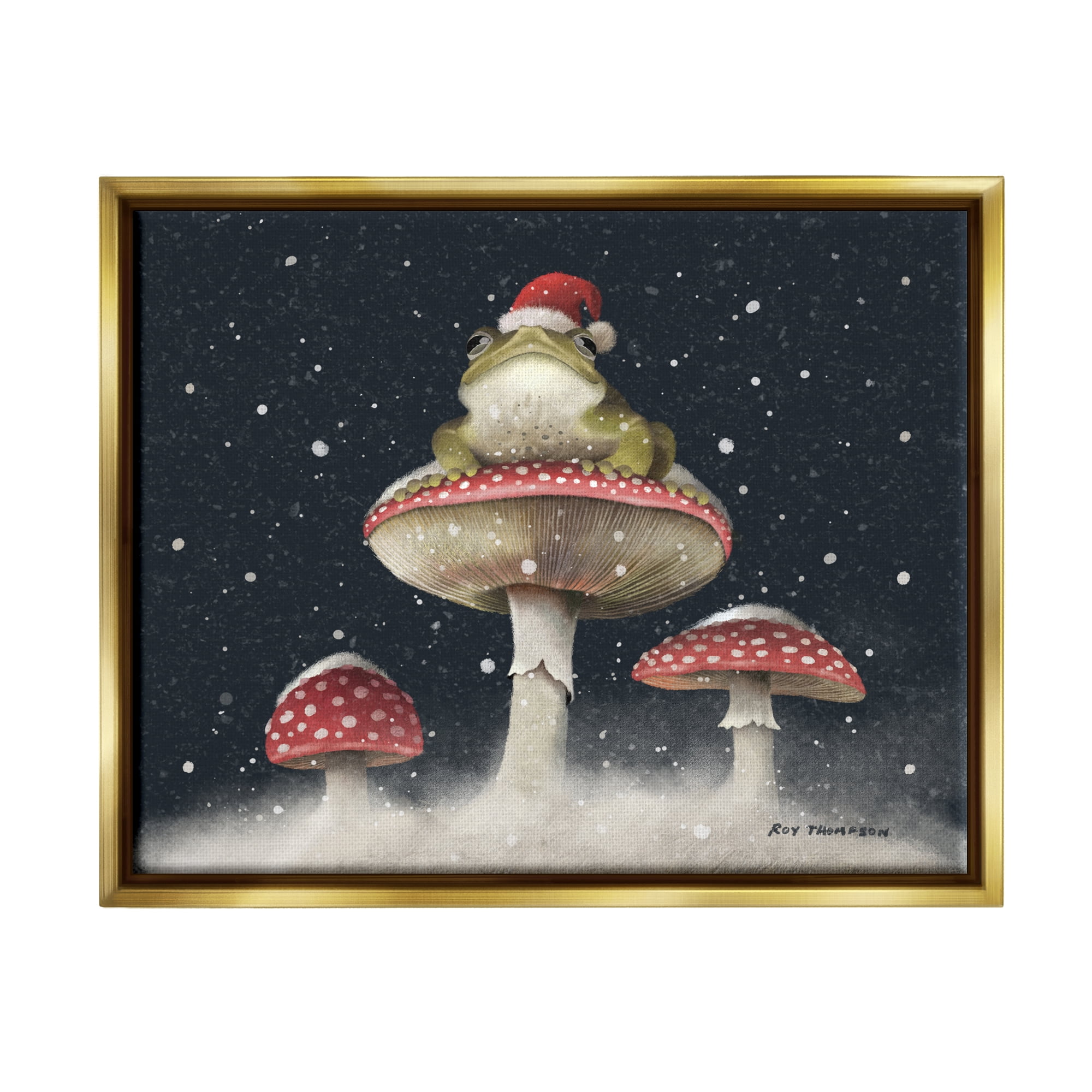 Stupell Industries Frog In Santa Hat Snowy Mushrooms Holiday Painting Gold Floater Framed Art Print Wall Art