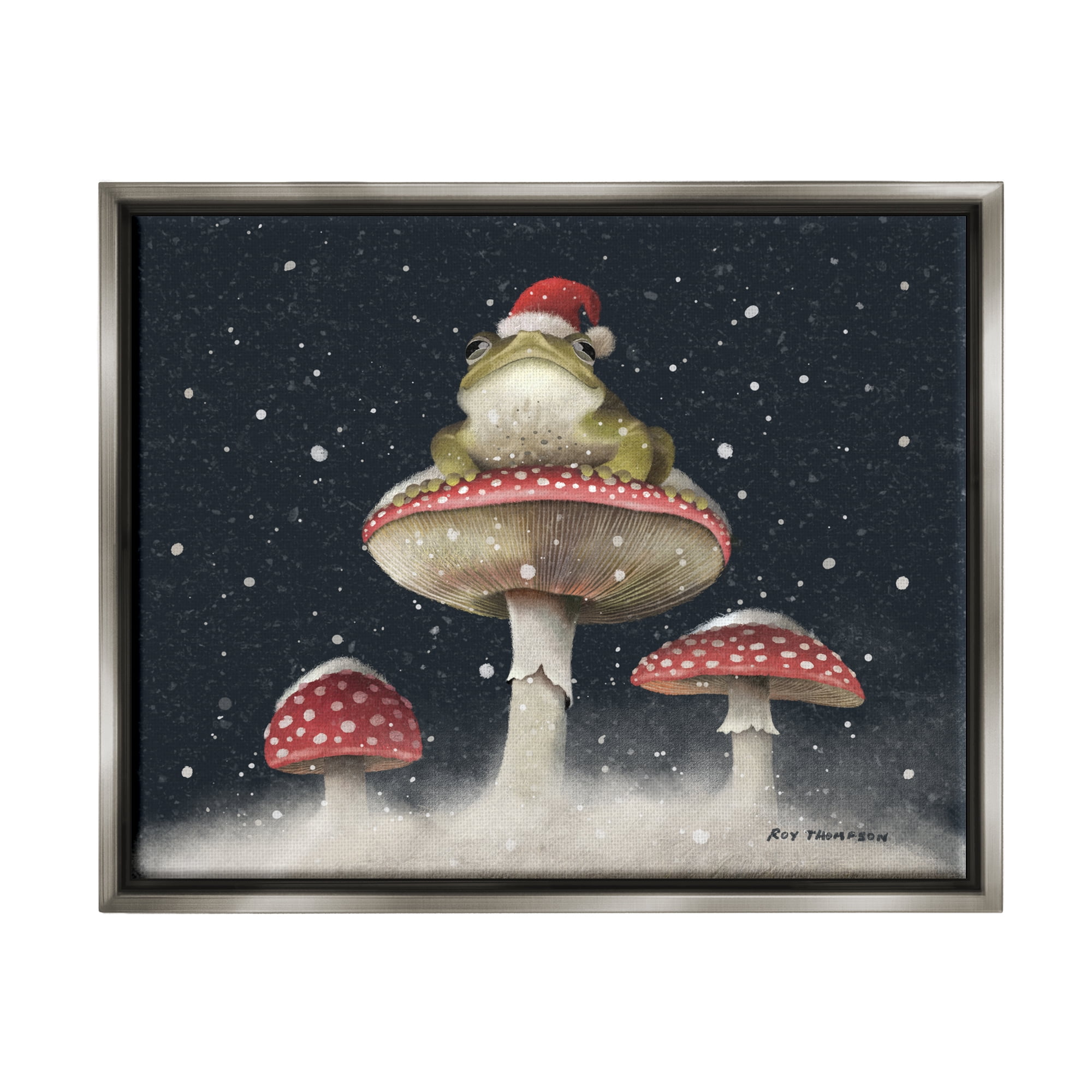 Stupell Industries Frog In Santa Hat Snowy Mushrooms Holiday Painting Gray Floater Framed Art Print Wall Art