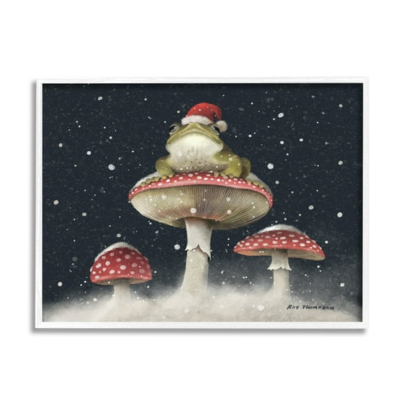 Stupell Industries Frog In Santa Hat Snowy Mushrooms Holiday Painting White Framed Art Print Wall Art