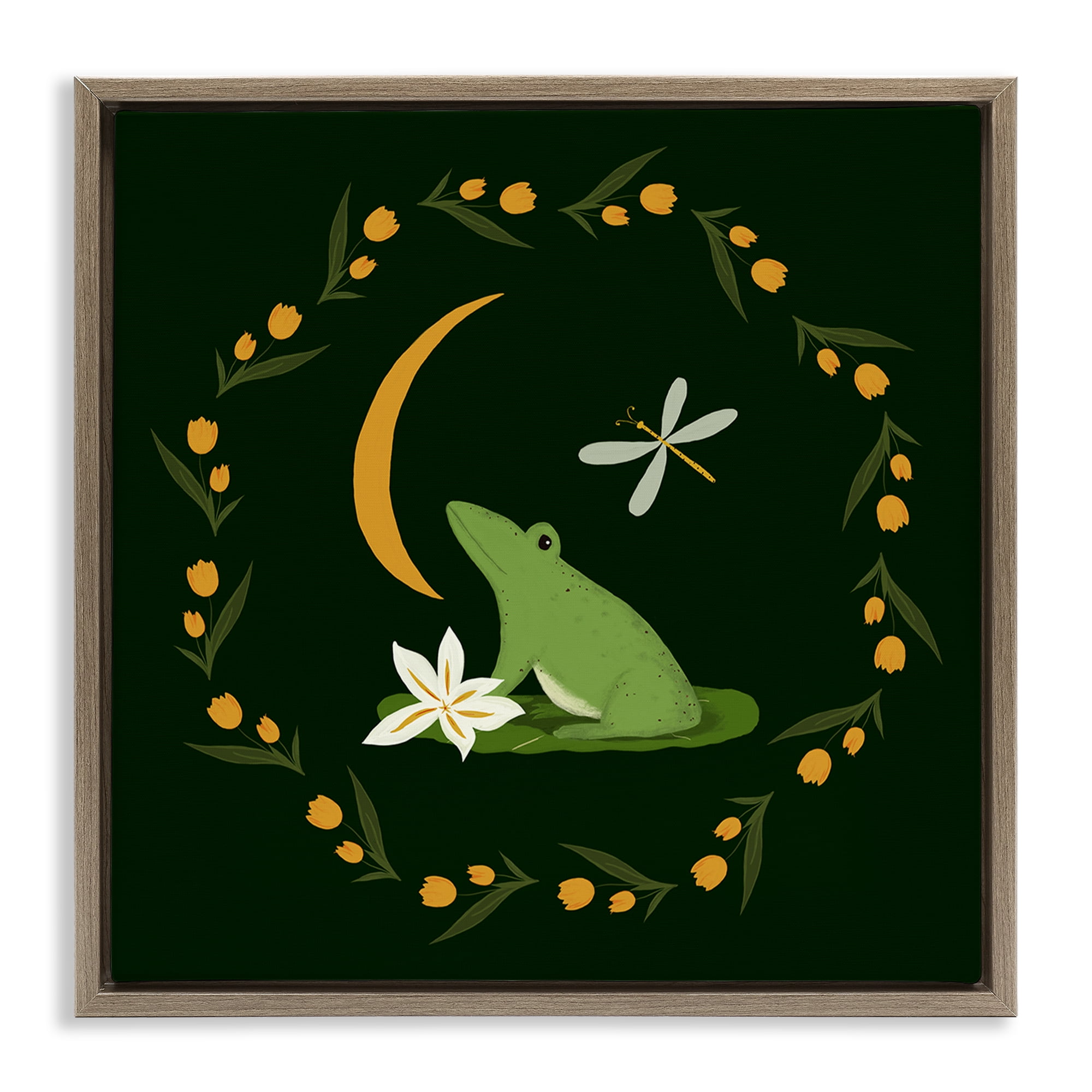 Stupell Industries Frog & Moon Garland Animals Painting Brown Floater Framed Canvas Art Print Wall Art, 25 x 25