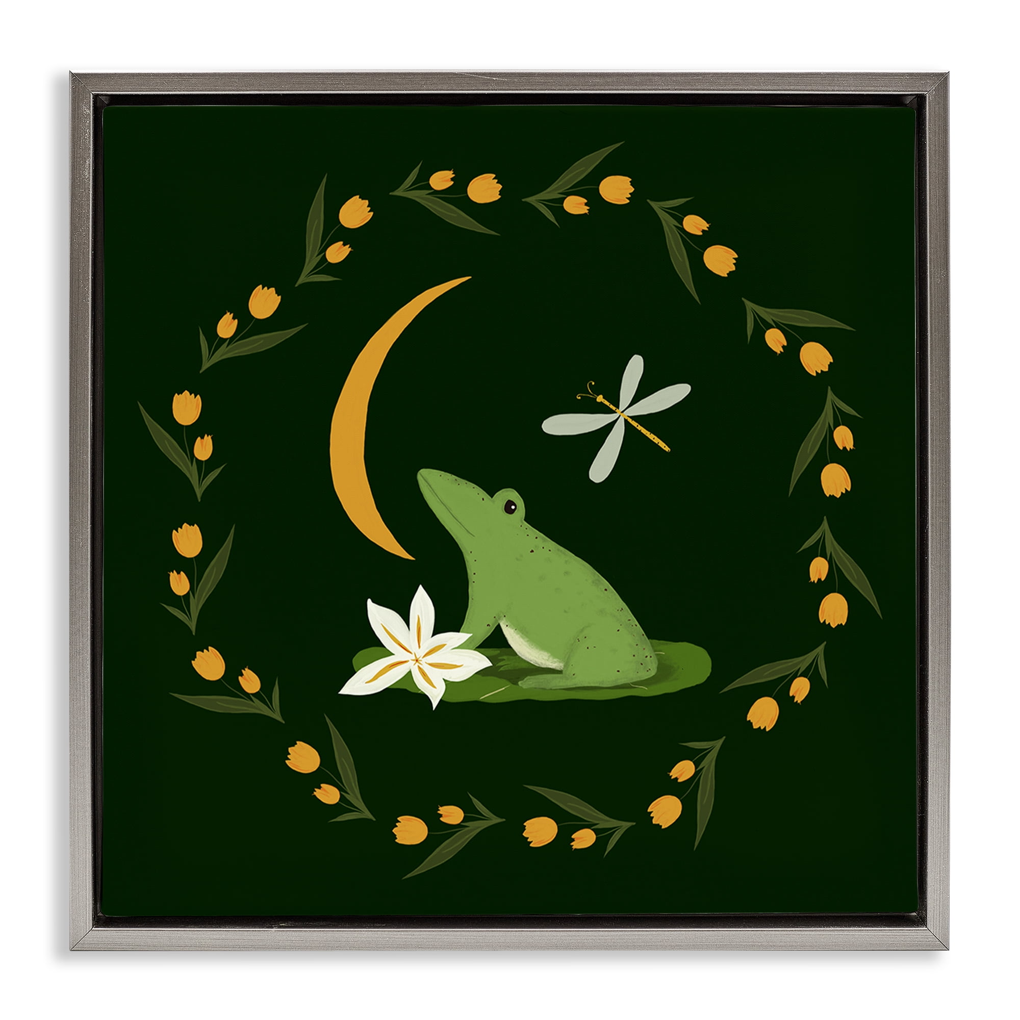 Stupell Industries Frog & Moon Garland Animals Painting Gray Floater Framed Canvas Art Print Wall Art, 25 x 25
