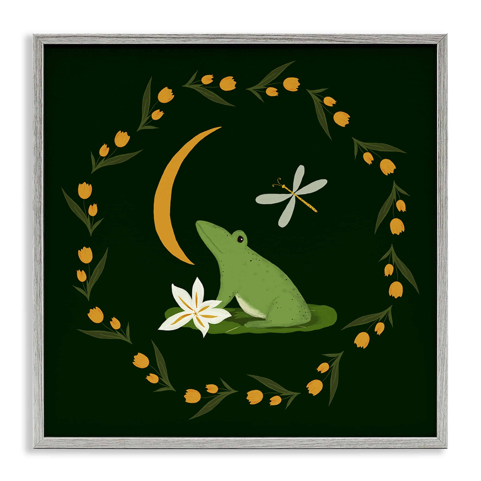 Stupell Industries Frog & Moon Garland Animals Painting Gray Framed Art Print Wall Art, 12 x 12
